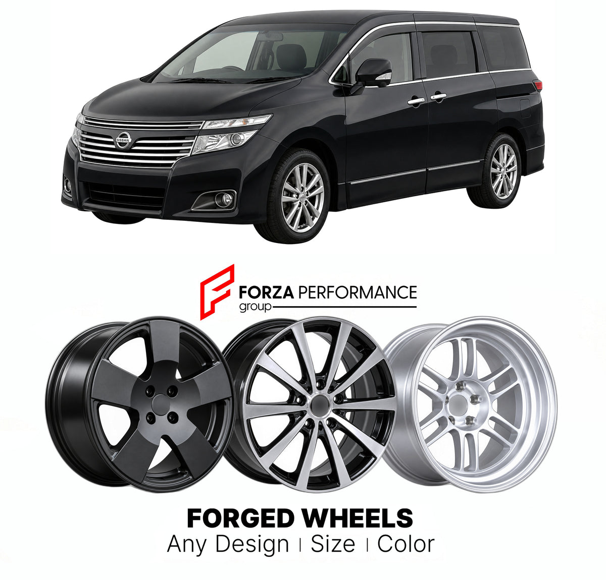 FORGED WHEELS RIMS for NISSAN ELGRAND E52 2010 - 2013

Custom forged wheels for Nissan Elgrand E52 2010 - 2013. Made-to-order monoblock, 2-piece and 3-piece rims in custom sizes, offsets, colors and finishes with guaranteed fitment.

We manufacture premium quality forged wheels rims for Nissan Elgrand E52 2010 - 2013 in any design, size, color.

JDM WHEEL DESIGNS: our Japanese collection for hatchbacks, kei cars and MPVs includes designs inspired by Rays Volk Racing, Enkei, XXR, Rota, Work Wheels, Cosmis Ra