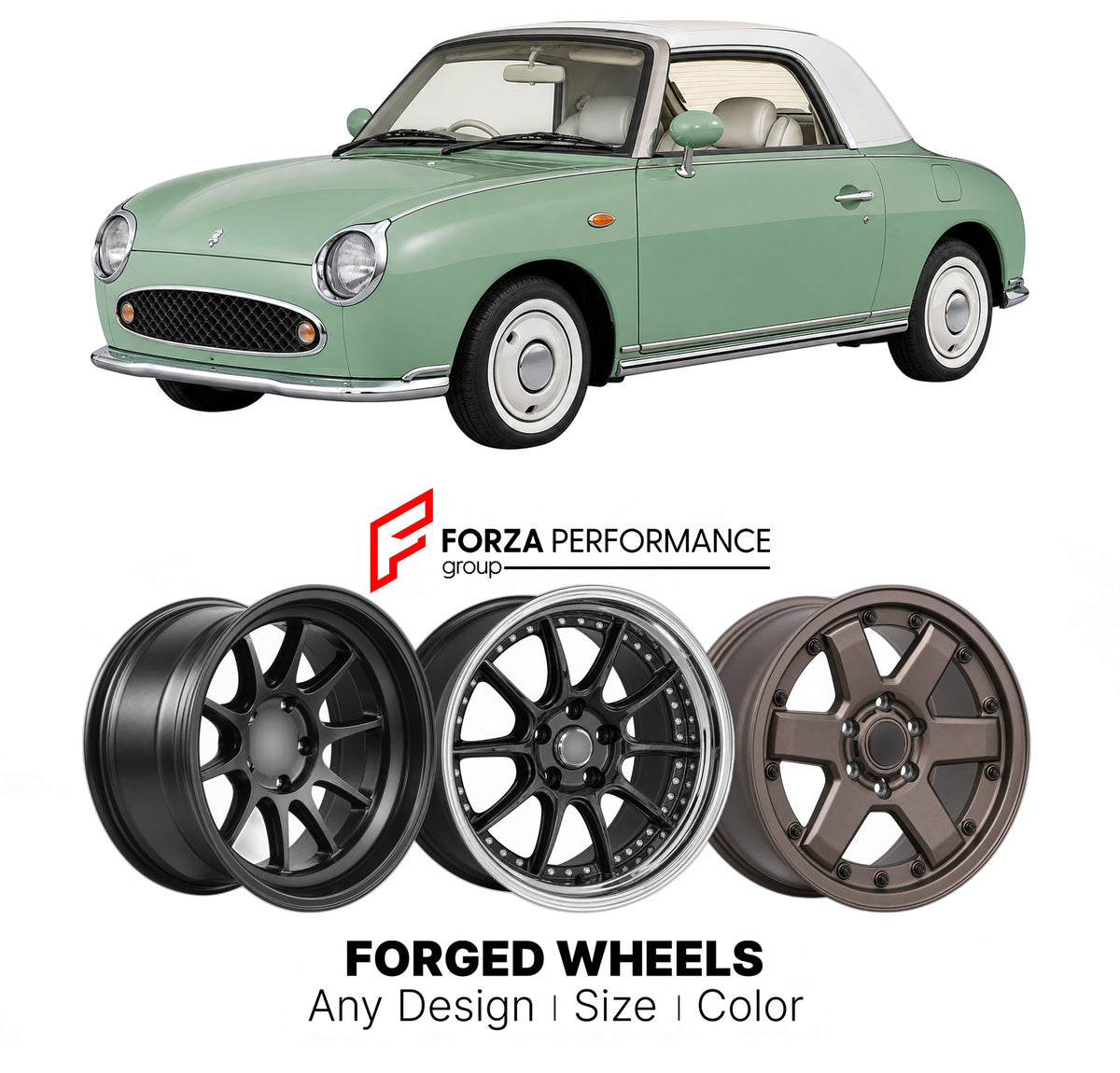 CUSTOM CLASSIC VINTAGE RESTOMOD RETRO OLD SCHOOL FORGED WHEELS RIMS for NISSAN FIGARO FK10 1991 - 1992

Custom forged wheels for Nissan Figaro FK10 1991 - 1992. Classic, vintage, restomod and retro JDM wheel designs made to order in custom sizes, offsets, colors and finishes with guaranteed fitment.

We manufacture premium quality forged wheels rims for Nissan Figaro FK10 1991 - 1992 in any design, size, color.

JDM WHEEL DESIGNS: our Japanese collection for sports cars and coupes includes designs inspired 