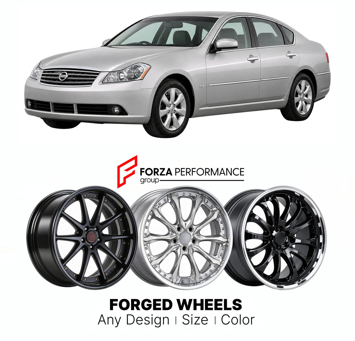 FORGED WHEELS RIMS for NISSAN FUGA Y50 2004 - 2009

Custom forged wheels for Nissan Fuga Y50 2004 - 2009. Made-to-order monoblock, 2-piece and 3-piece rims in custom sizes, offsets, colors and finishes with guaranteed fitment.

We manufacture premium quality forged wheels rims for Nissan Fuga Y50 2004 - 2009 in any design, size, color.

JDM WHEEL DESIGNS: our Japanese collection for sedans and wagons includes designs inspired by Weds Kranze, Wald, Leon Hardiritt, Vossen, Kuhl Racing, Aimgain, Work Wheels, T
