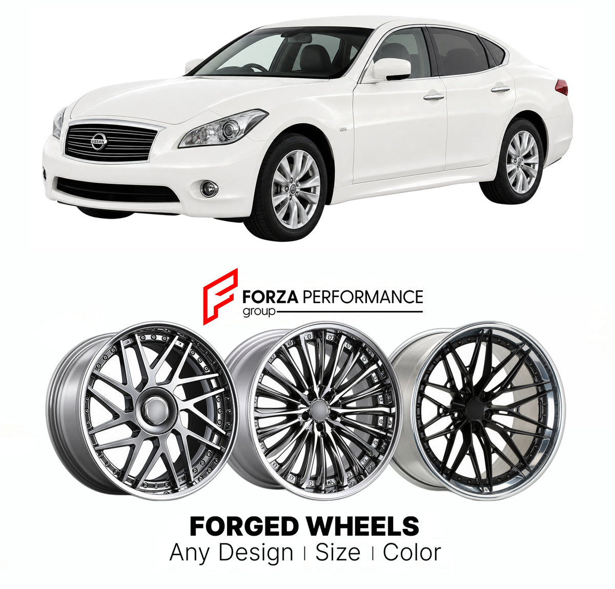 FORGED WHEELS RIMS for NISSAN FUGA Y51 2009 - 2014

Custom forged wheels for Nissan Fuga Y51 2009 - 2014. Made-to-order monoblock, 2-piece and 3-piece rims in custom sizes, offsets, colors and finishes with guaranteed fitment.

We manufacture premium quality forged wheels rims for Nissan Fuga Y51 2009 - 2014 in any design, size, color.

JDM WHEEL DESIGNS: our Japanese collection for sedans and wagons includes designs inspired by Weds Kranze, Wald, Leon Hardiritt, Vossen, Kuhl Racing, Aimgain, Work Wheels, T