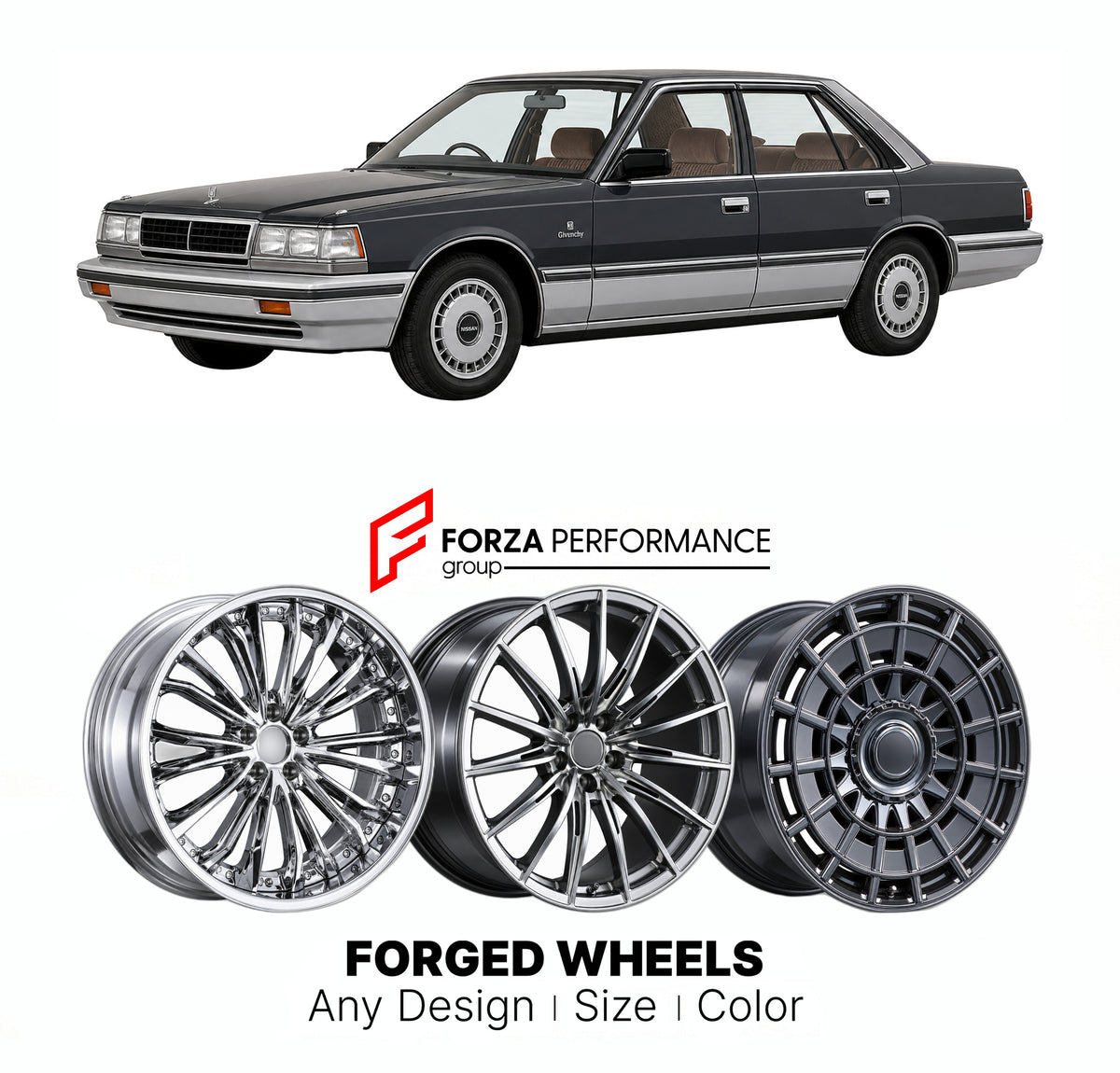 CUSTOM CLASSIC VINTAGE RESTOMOD RETRO OLD SCHOOL FORGED WHEELS RIMS for NISSAN LAUREL C31 1980 - 1984

Custom forged wheels for Nissan Laurel C31 1980 - 1984. Classic, vintage, restomod and retro JDM wheel designs made to order in custom sizes, offsets, colors and finishes with guaranteed fitment.

We manufacture premium quality forged wheels rims for Nissan Laurel C31 1980 - 1984 in any design, size, color.

JDM WHEEL DESIGNS: our Japanese collection for sedans and wagons includes designs inspired by Weds 
