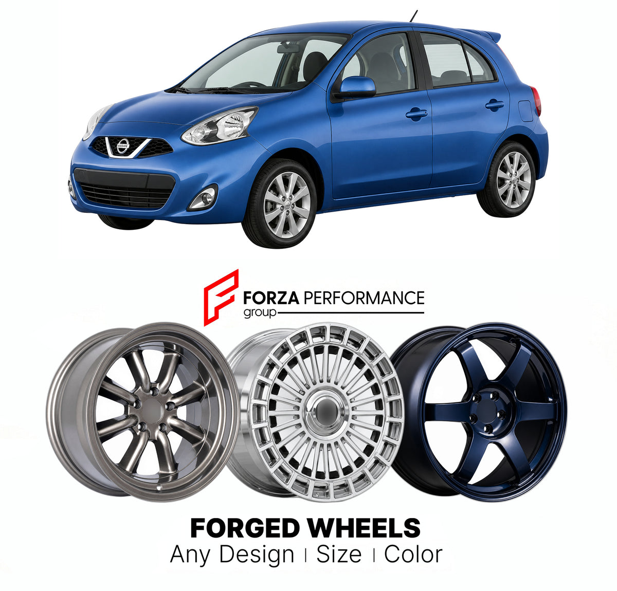 FORGED WHEELS RIMS for NISSAN MICRA MARCH K13 FACELIFT 2014 - 2023

Custom forged wheels for Nissan Micra March K13 Facelift 2014 - 2023. Made-to-order monoblock, 2-piece and 3-piece rims in custom sizes, offsets, colors and finishes with guaranteed fitment.

We manufacture premium quality forged wheels rims for Nissan Micra March K13 Facelift 2014 - 2023 in any design, size, color.

JDM WHEEL DESIGNS: our Japanese collection for hatchbacks, kei cars and MPVs includes designs inspired by Rays Volk Racing, E