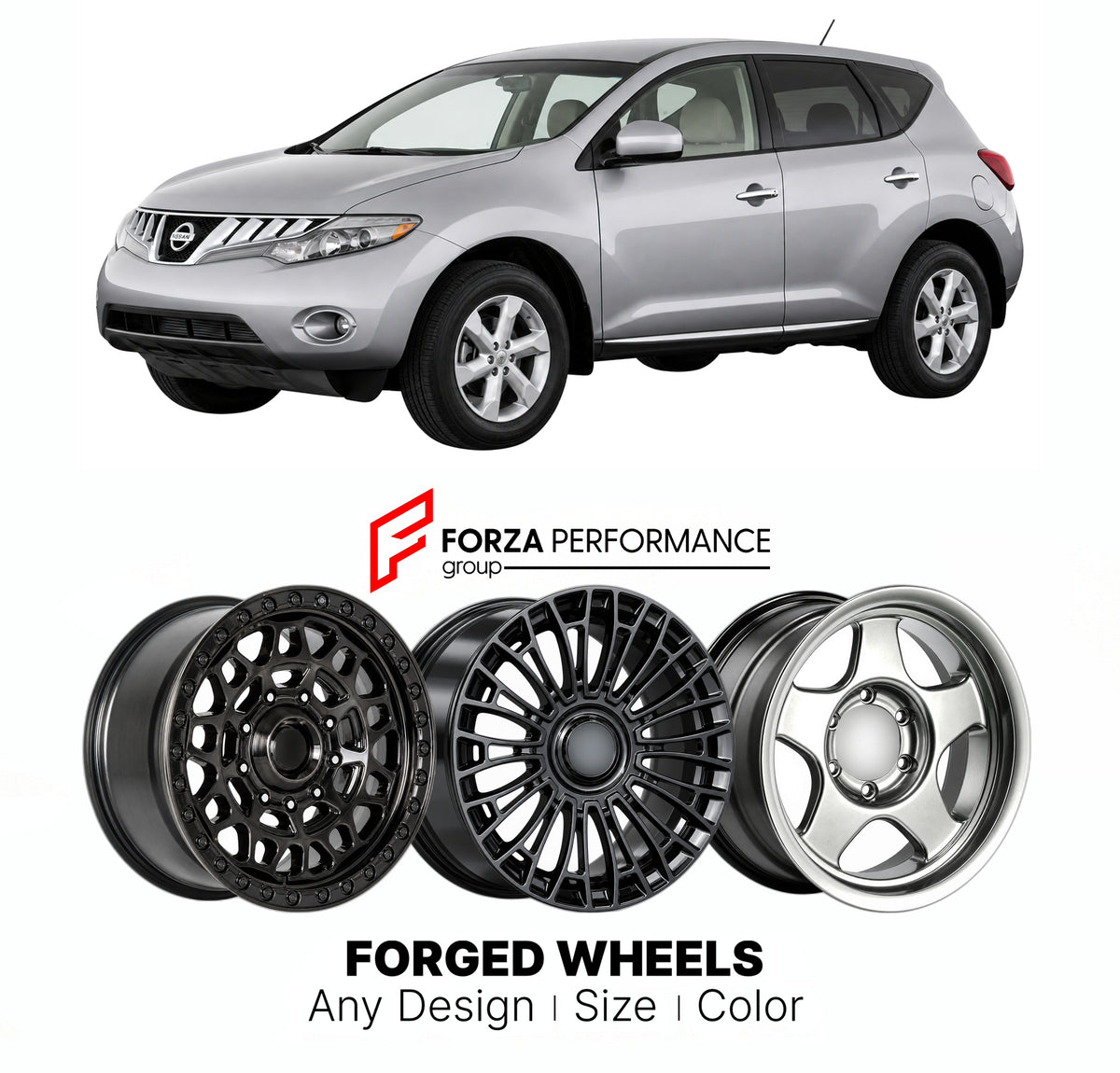 FORGED WHEELS RIMS for NISSAN MURANO Z51 2007 - 2010

Custom forged wheels for Nissan Murano Z51 2007 - 2010. Made-to-order monoblock, 2-piece and 3-piece rims in custom sizes, offsets, colors and finishes with guaranteed fitment.

We manufacture premium quality forged wheels rims for Nissan Murano Z51 2007 - 2010 in any design, size, color.

JDM WHEEL DESIGNS: our Japanese collection for SUVs and pickups includes designs inspired by Bradley V, Method Race Wheels, Forgiato, Kuhl Racing, Mugen, TRD, Rota, Wo