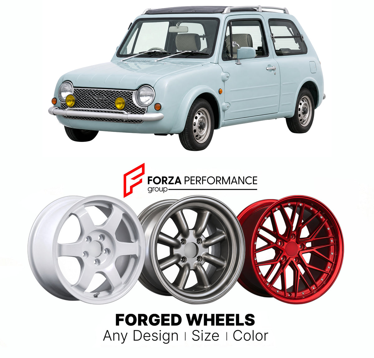 CUSTOM CLASSIC VINTAGE RESTOMOD RETRO OLD SCHOOL FORGED WHEELS RIMS for NISSAN PAO PK10 1989 - 1991

Custom forged wheels for Nissan Pao PK10 1989 - 1991. Classic, vintage, restomod and retro JDM wheel designs made to order in custom sizes, offsets, colors and finishes with guaranteed fitment.

We manufacture premium quality forged wheels rims for Nissan Pao PK10 1989 - 1991 in any design, size, color.

JDM WHEEL DESIGNS: our Japanese collection for hatchbacks, kei cars and MPVs includes designs inspired by