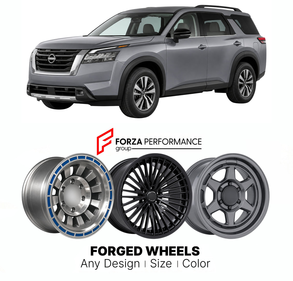 FORGED WHEELS RIMS for NISSAN PATHFINDER R53 2021+

Custom forged wheels for Nissan Pathfinder R53 2021+. Made-to-order monoblock, 2-piece and 3-piece rims in custom sizes, offsets, colors and finishes with guaranteed fitment.

We manufacture premium quality forged wheels rims for Nissan Pathfinder R53 2021+ in any design, size, color.

JDM WHEEL DESIGNS: our Japanese collection for SUVs and pickups includes designs inspired by Bradley V, Method Race Wheels, Forgiato, Kuhl Racing, Mugen, TRD, Rota, Work Whe