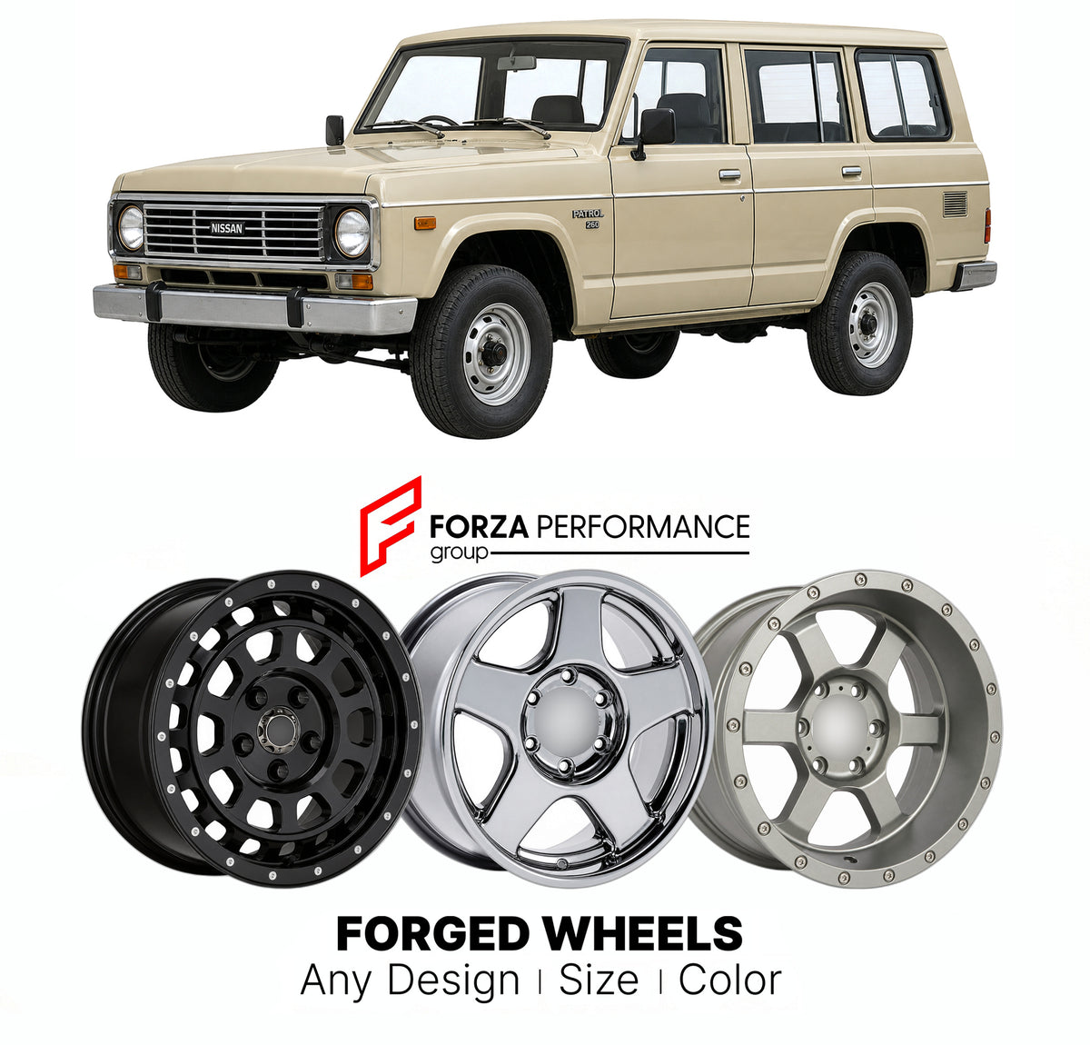 CUSTOM CLASSIC VINTAGE RESTOMOD RETRO OLD SCHOOL FORGED WHEELS RIMS for NISSAN PATROL 160 260 1980 - 1994

Custom forged wheels for Nissan Patrol 160 260 1980 - 1994. Classic, vintage, restomod and retro JDM wheel designs made to order in custom sizes, offsets, colors and finishes with guaranteed fitment.

We manufacture premium quality forged wheels rims for Nissan Patrol 160 260 1980 - 1994 in any design, size, color.

JDM WHEEL DESIGNS: our Japanese collection for SUVs and pickups includes designs inspir