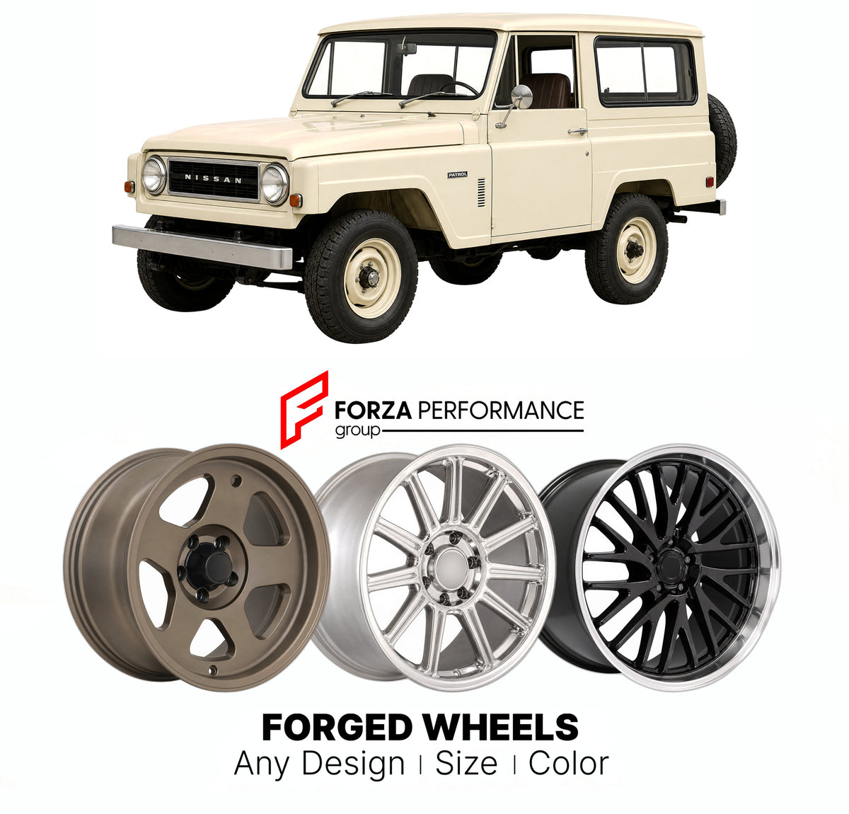 CUSTOM CLASSIC VINTAGE RESTOMOD RETRO OLD SCHOOL FORGED WHEELS RIMS for NISSAN PATROL 60 SERIES 1960 - 1980

Custom forged wheels for Nissan Patrol 60 Series 1960 - 1980. Classic, vintage, restomod and retro JDM wheel designs made to order in custom sizes, offsets, colors and finishes with guaranteed fitment.

We manufacture premium quality forged wheels rims for Nissan Patrol 60 Series 1960 - 1980 in any design, size, color.

JDM WHEEL DESIGNS: our Japanese collection for SUVs and pickups includes designs 
