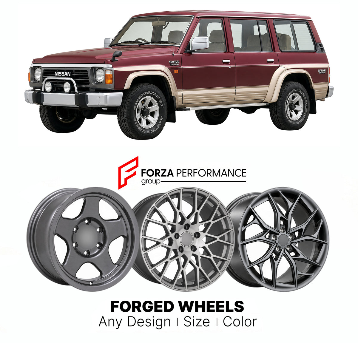 CUSTOM CLASSIC VINTAGE RESTOMOD RETRO OLD SCHOOL FORGED WHEELS RIMS for NISSAN PATROL Y60 1987 - 1997

Custom forged wheels for Nissan Patrol Y60 1987 - 1997. Classic, vintage, restomod and retro JDM wheel designs made to order in custom sizes, offsets, colors and finishes with guaranteed fitment.

We manufacture premium quality forged wheels rims for Nissan Patrol Y60 1987 - 1997 in any design, size, color.

JDM WHEEL DESIGNS: our Japanese collection for SUVs and pickups includes designs inspired by Bradle