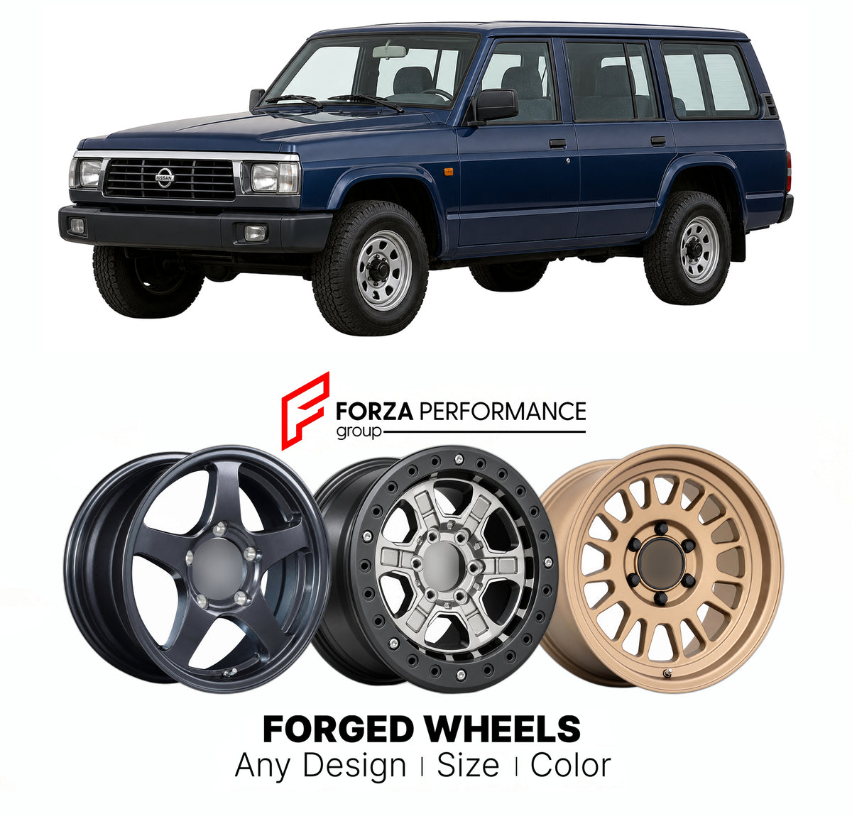 CUSTOM CLASSIC VINTAGE RESTOMOD RETRO OLD SCHOOL FORGED WHEELS RIMS for NISSAN PATROL Y61 1997 - 2004

Custom forged wheels for Nissan Patrol Y61 1997 - 2004. Classic, vintage, restomod and retro JDM wheel designs made to order in custom sizes, offsets, colors and finishes with guaranteed fitment.

We manufacture premium quality forged wheels rims for Nissan Patrol Y61 1997 - 2004 in any design, size, color.

JDM WHEEL DESIGNS: our Japanese collection for SUVs and pickups includes designs inspired by Bradle