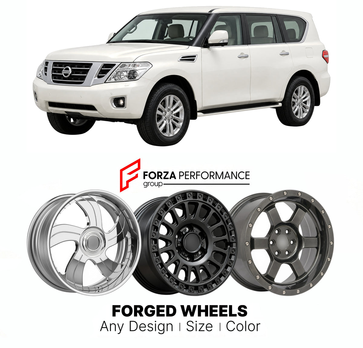 FORGED WHEELS RIMS for NISSAN PATROL Y62 2010 - 2019

Custom forged wheels for Nissan Patrol Y62 2010 - 2019. Made-to-order monoblock, 2-piece and 3-piece rims in custom sizes, offsets, colors and finishes with guaranteed fitment.

We manufacture premium quality forged wheels rims for Nissan Patrol Y62 2010 - 2019 in any design, size, color.

JDM WHEEL DESIGNS: our Japanese collection for SUVs and pickups includes designs inspired by Bradley V, Method Race Wheels, Forgiato, Kuhl Racing, Mugen, TRD, Rota, Wo