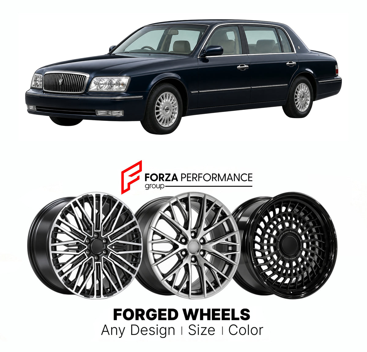 FORGED WHEELS RIMS for NISSAN PRESIDENT PGF50 2003 - 2010

Custom forged wheels for Nissan President PGF50 2003 - 2010. Made-to-order monoblock, 2-piece and 3-piece rims in custom sizes, offsets, colors and finishes with guaranteed fitment.

We manufacture premium quality forged wheels rims for Nissan President PGF50 2003 - 2010 in any design, size, color.

JDM WHEEL DESIGNS: our Japanese collection for sedans and wagons includes designs inspired by Weds Kranze, Wald, Leon Hardiritt, Vossen, Kuhl Racing, Ai