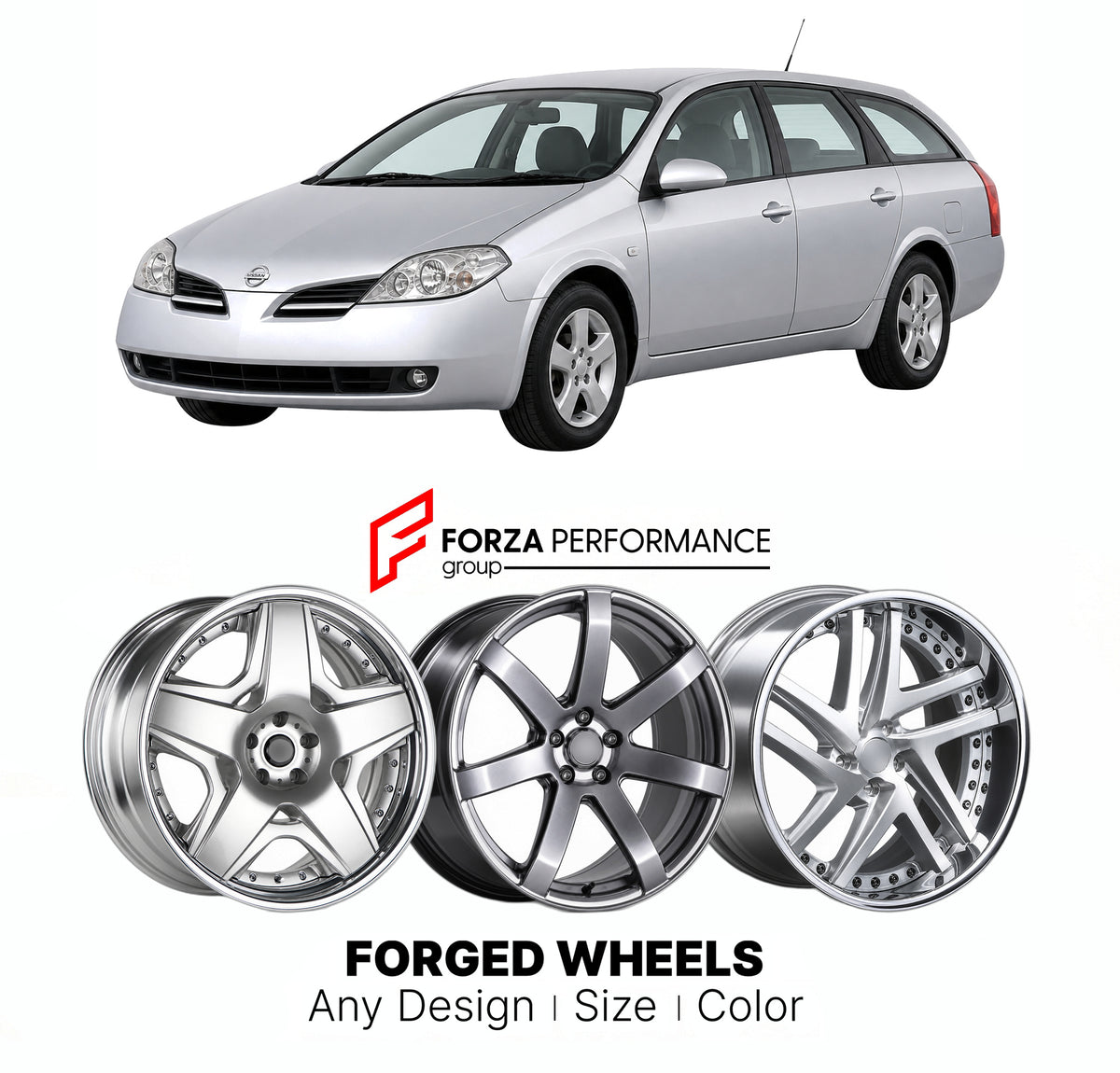 FORGED WHEELS RIMS for NISSAN PRIMERA P12 2001 - 2007

Custom forged wheels for Nissan Primera P12 2001 - 2007. Made-to-order monoblock, 2-piece and 3-piece rims in custom sizes, offsets, colors and finishes with guaranteed fitment.

We manufacture premium quality forged wheels rims for Nissan Primera P12 2001 - 2007 in any design, size, color.

JDM WHEEL DESIGNS: our Japanese collection for sedans and wagons includes designs inspired by Weds Kranze, Wald, Leon Hardiritt, Vossen, Kuhl Racing, Aimgain, Work 