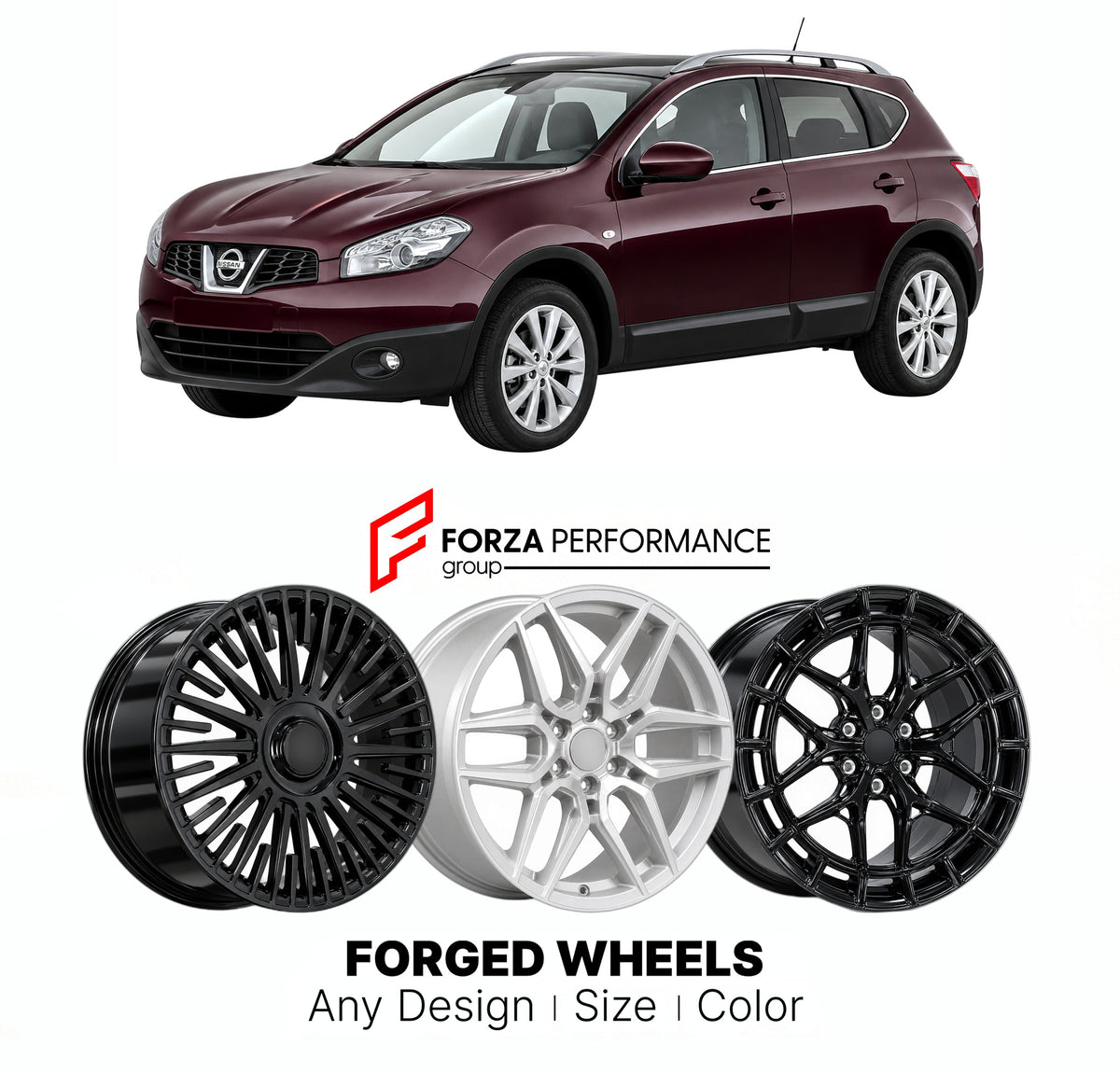 FORGED WHEELS RIMS for NISSAN QASHQAI ROGUE SPORT J10 2006 - 2009

Custom forged wheels for Nissan Qashqai Rogue Sport J10 2006 - 2009. Made-to-order monoblock, 2-piece and 3-piece rims in custom sizes, offsets, colors and finishes with guaranteed fitment.

We manufacture premium quality forged wheels rims for Nissan Qashqai Rogue Sport J10 2006 - 2009 in any design, size, color.

JDM WHEEL DESIGNS: our Japanese collection for SUVs and pickups includes designs inspired by Bradley V, Method Race Wheels, Forg