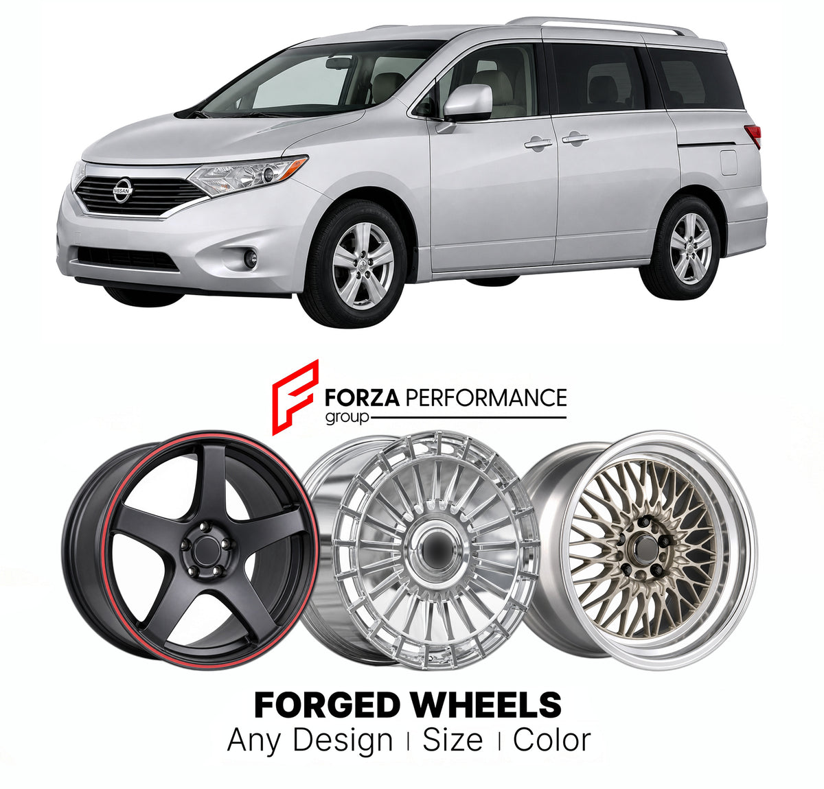 FORGED WHEELS RIMS for NISSAN QUEST RE52 2010 - 2017

Custom forged wheels for Nissan Quest RE52 2010 - 2017. Made-to-order monoblock, 2-piece and 3-piece rims in custom sizes, offsets, colors and finishes with guaranteed fitment.

We manufacture premium quality forged wheels rims for Nissan Quest RE52 2010 - 2017 in any design, size, color.

JDM WHEEL DESIGNS: our Japanese collection for hatchbacks, kei cars and MPVs includes designs inspired by Rays Volk Racing, Enkei, XXR, Rota, Work Wheels, Cosmis Racin