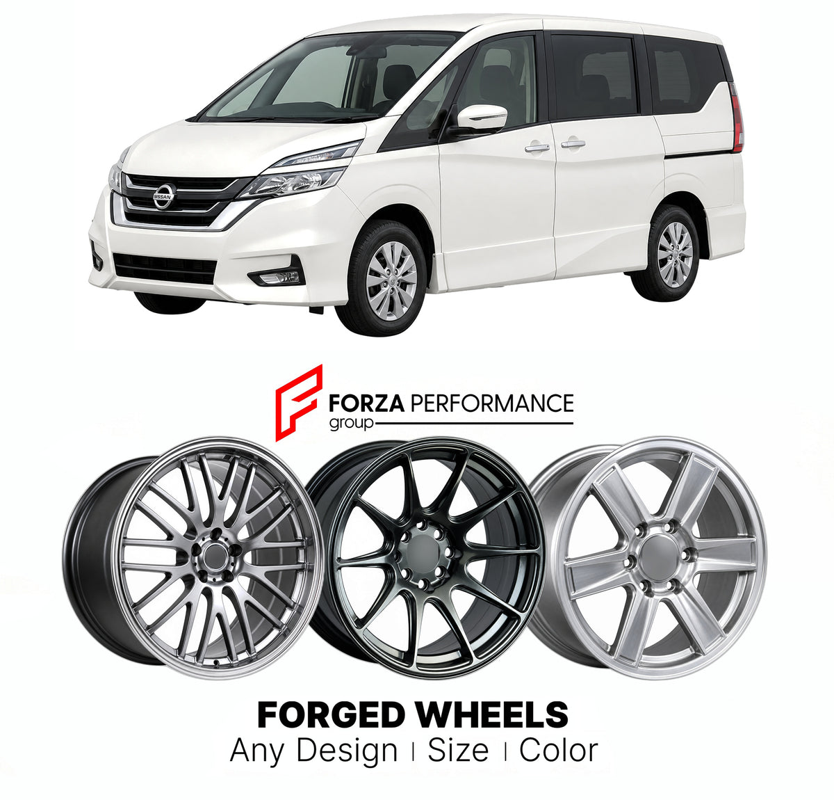 FORGED WHEELS RIMS for NISSAN SERENA C27 2016 - 2022

Custom forged wheels for Nissan Serena C27 2016 - 2022. Made-to-order monoblock, 2-piece and 3-piece rims in custom sizes, offsets, colors and finishes with guaranteed fitment.

We manufacture premium quality forged wheels rims for Nissan Serena C27 2016 - 2022 in any design, size, color.

JDM WHEEL DESIGNS: our Japanese collection for hatchbacks, kei cars and MPVs includes designs inspired by Rays Volk Racing, Enkei, XXR, Rota, Work Wheels, Cosmis Racin