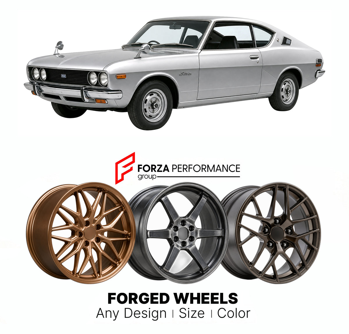 CUSTOM CLASSIC VINTAGE RESTOMOD RETRO OLD SCHOOL FORGED WHEELS RIMS for NISSAN SILVIA S10 1975 - 1979

Custom forged wheels for Nissan Silvia S10 1975 - 1979. Classic, vintage, restomod and retro JDM wheel designs made to order in custom sizes, offsets, colors and finishes with guaranteed fitment.

We manufacture premium quality forged wheels rims for Nissan Silvia S10 1975 - 1979 in any design, size, color.

JDM WHEEL DESIGNS: our Japanese collection for sports cars and coupes includes designs inspired by 