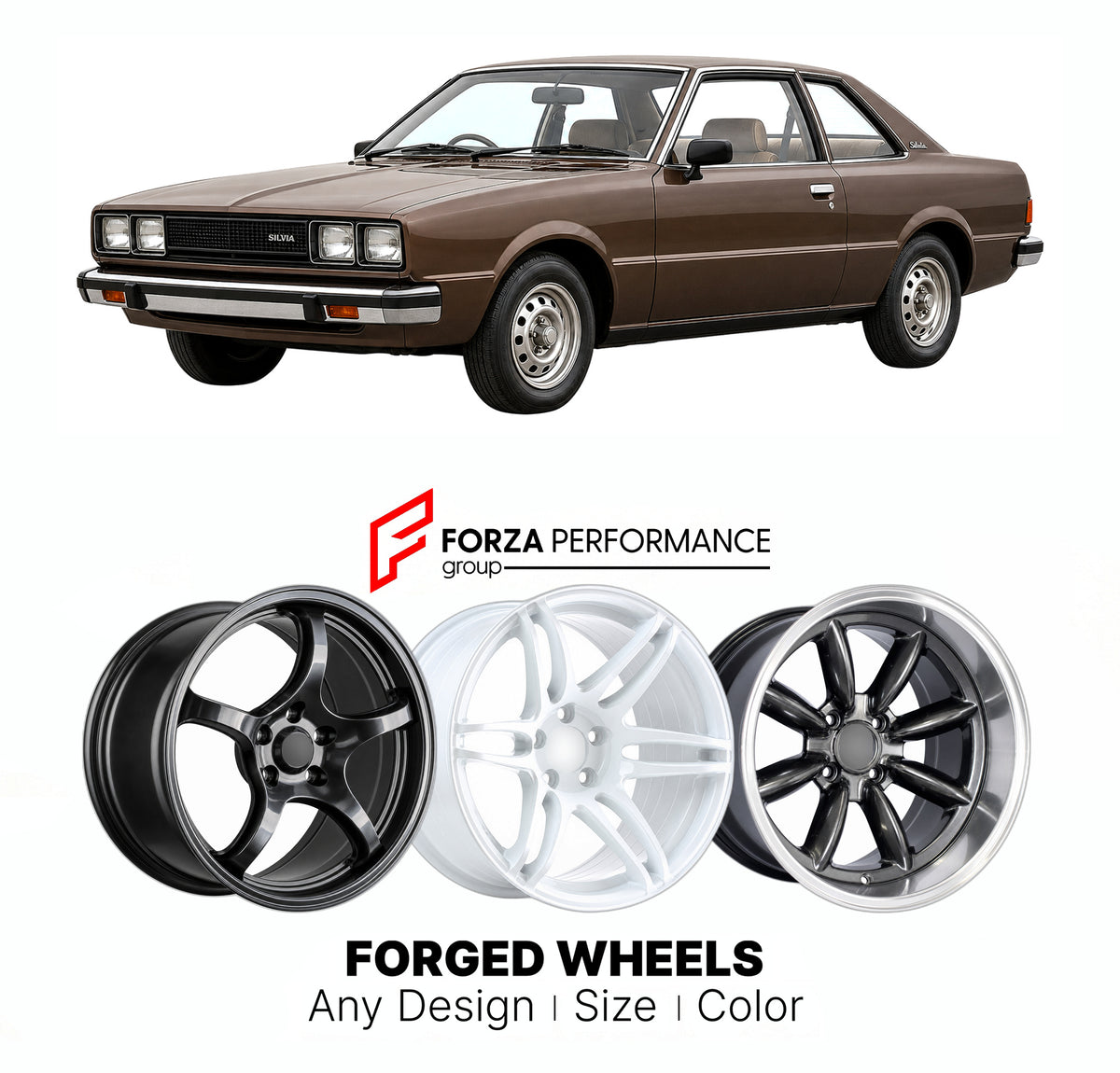 CUSTOM CLASSIC VINTAGE RESTOMOD RETRO OLD SCHOOL FORGED WHEELS RIMS for NISSAN SILVIA S110 1979 - 1983

Custom forged wheels for Nissan Silvia S110 1979 - 1983. Classic, vintage, restomod and retro JDM wheel designs made to order in custom sizes, offsets, colors and finishes with guaranteed fitment.

We manufacture premium quality forged wheels rims for Nissan Silvia S110 1979 - 1983 in any design, size, color.

JDM WHEEL DESIGNS: our Japanese collection for sports cars and coupes includes designs inspired 