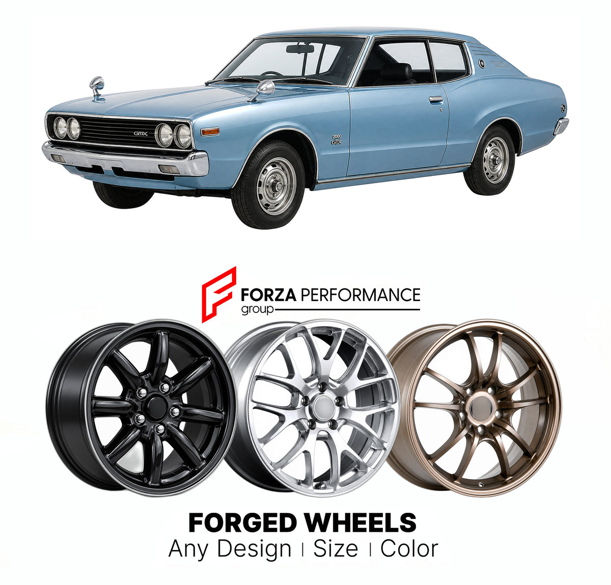 CUSTOM CLASSIC VINTAGE RESTOMOD RETRO OLD SCHOOL FORGED WHEELS RIMS for NISSAN SKYLINE C110 1972 - 1977

Custom forged wheels for Nissan Skyline C110 1972 - 1977. Classic, vintage, restomod and retro JDM wheel designs made to order in custom sizes, offsets, colors and finishes with guaranteed fitment.

We manufacture premium quality forged wheels rims for Nissan Skyline C110 1972 - 1977 in any design, size, color.

JDM WHEEL DESIGNS: our Japanese collection for sports cars and coupes includes designs inspir