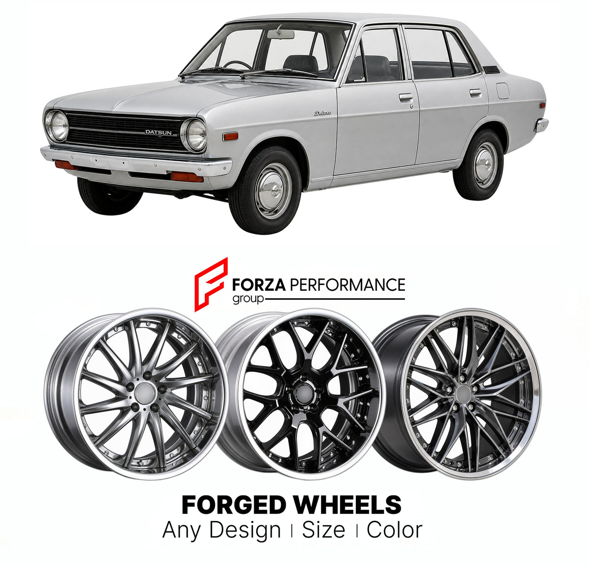 CUSTOM CLASSIC VINTAGE RESTOMOD RETRO OLD SCHOOL FORGED WHEELS RIMS for NISSAN SUNNY B110 1970 - 1973

Custom forged wheels for Nissan Sunny B110 1970 - 1973. Classic, vintage, restomod and retro JDM wheel designs made to order in custom sizes, offsets, colors and finishes with guaranteed fitment.

We manufacture premium quality forged wheels rims for Nissan Sunny B110 1970 - 1973 in any design, size, color.

JDM WHEEL DESIGNS: our Japanese collection for sedans and wagons includes designs inspired by Weds 
