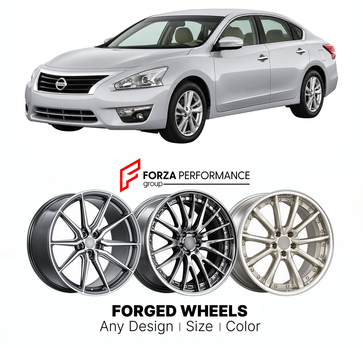 FORGED WHEELS RIMS for NISSAN TEANA L33 2013 - 2020

Custom forged wheels for Nissan Teana L33 2013 - 2020. Made-to-order monoblock, 2-piece and 3-piece rims in custom sizes, offsets, colors and finishes with guaranteed fitment.

We manufacture premium quality forged wheels rims for Nissan Teana L33 2013 - 2020 in any design, size, color.

JDM WHEEL DESIGNS: our Japanese collection for sedans and wagons includes designs inspired by Weds Kranze, Wald, Leon Hardiritt, Vossen, Kuhl Racing, Aimgain, Work Wheels