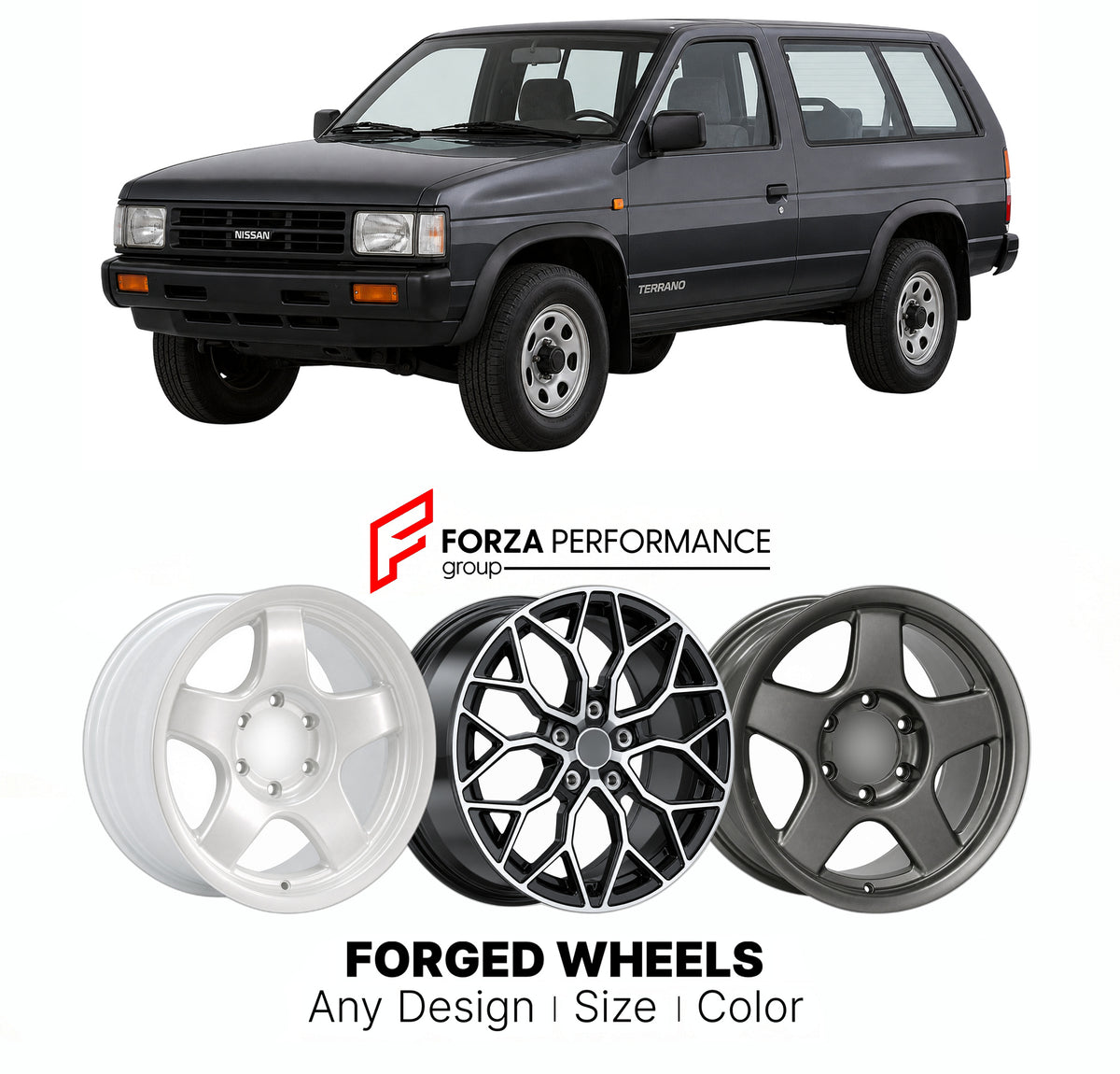 CUSTOM CLASSIC VINTAGE RESTOMOD RETRO OLD SCHOOL FORGED WHEELS RIMS for NISSAN TERRANO WD21 1986 - 1995

Custom forged wheels for Nissan Terrano WD21 1986 - 1995. Classic, vintage, restomod and retro JDM wheel designs made to order in custom sizes, offsets, colors and finishes with guaranteed fitment.

We manufacture premium quality forged wheels rims for Nissan Terrano WD21 1986 - 1995 in any design, size, color.

JDM WHEEL DESIGNS: our Japanese collection for SUVs and pickups includes designs inspired by 
