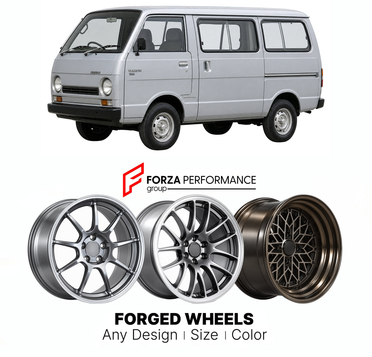 CUSTOM CLASSIC VINTAGE RESTOMOD RETRO OLD SCHOOL FORGED WHEELS RIMS for NISSAN VANETTE C120 1978 - 1985

Custom forged wheels for Nissan Vanette C120 1978 - 1985. Classic, vintage, restomod and retro JDM wheel designs made to order in custom sizes, offsets, colors and finishes with guaranteed fitment.

We manufacture premium quality forged wheels rims for Nissan Vanette C120 1978 - 1985 in any design, size, color.

JDM WHEEL DESIGNS: our Japanese collection for hatchbacks, kei cars and MPVs includes designs