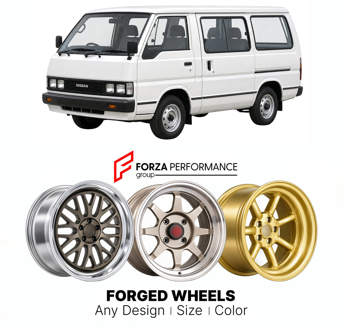 CUSTOM CLASSIC VINTAGE RESTOMOD RETRO OLD SCHOOL FORGED WHEELS RIMS for NISSAN VANETTE C22 1985 - 1994

Custom forged wheels for Nissan Vanette C22 1985 - 1994. Classic, vintage, restomod and retro JDM wheel designs made to order in custom sizes, offsets, colors and finishes with guaranteed fitment.

We manufacture premium quality forged wheels rims for Nissan Vanette C22 1985 - 1994 in any design, size, color.

JDM WHEEL DESIGNS: our Japanese collection for hatchbacks, kei cars and MPVs includes designs in