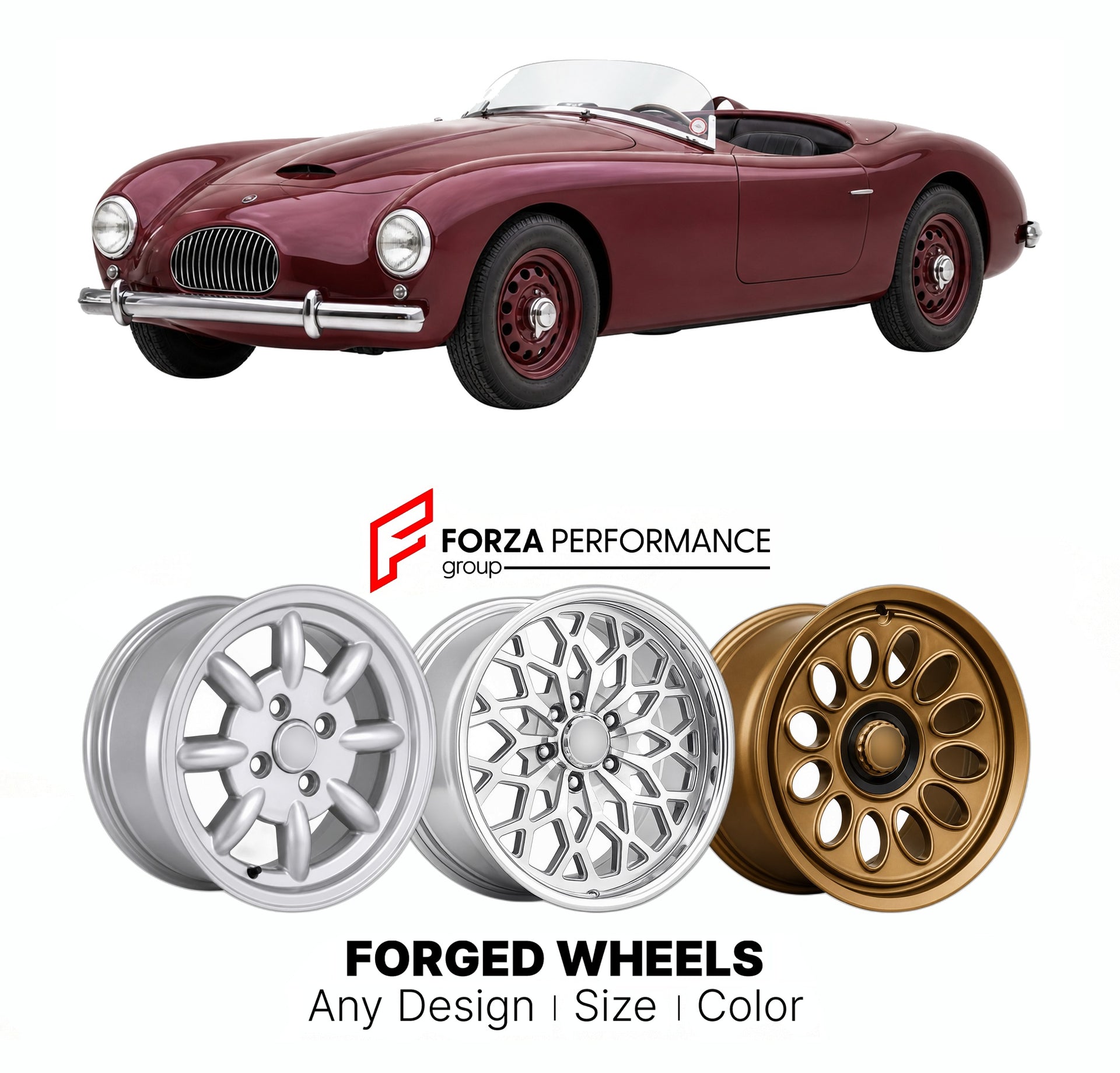 CUSTOM CLASSIC VINTAGE RESTOMOD RETRO OLD SCHOOL FORGED WHEELS RIMS for OSCA MT4 1948 - 1966

Custom forged wheels for OSCA MT4 1948 - 1966. Classic, vintage, restomod wheel designs made to order in custom sizes, offsets, colors and finishes.

We manufacture premium quality forged wheels rims for OSCA MT4 1948 - 1966 in any design, size, color.

THIS WHEEL DESIGN CAN BE CUSTOM-MADE FOR YOUR CAR IN ANY SIZE AND COLOR OPTIONS
Available in monoblock, 2-piece, 3-piece, duoblock, beadlock
3D wheel renderings are