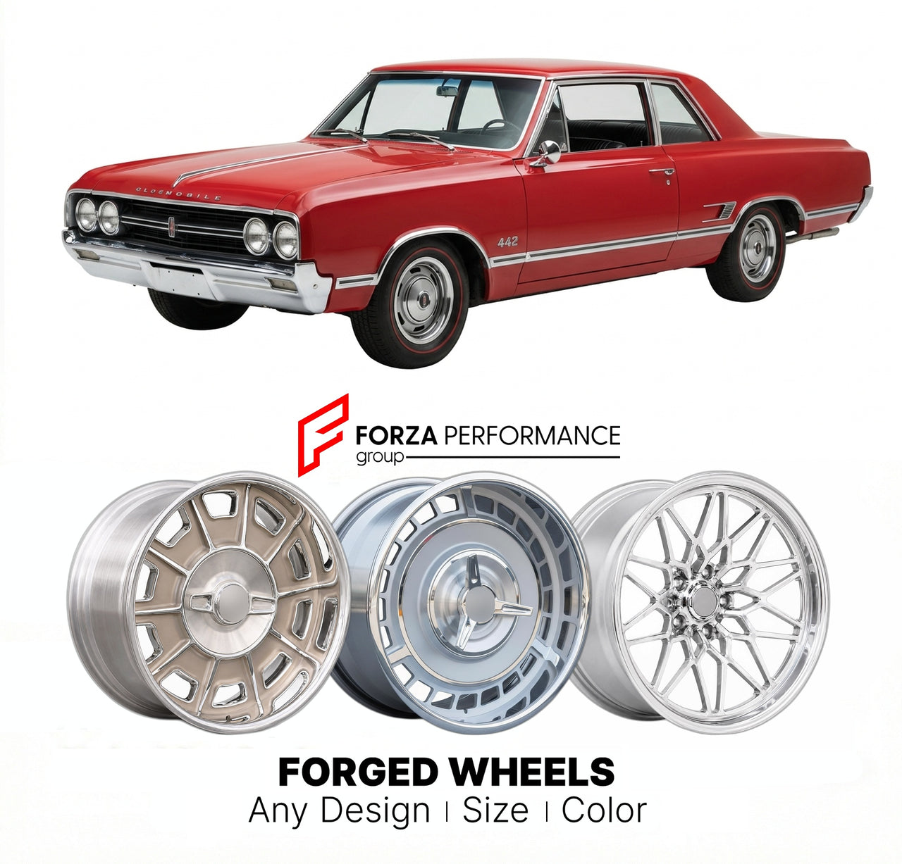 CUSTOM CLASSIC VINTAGE RESTOMOD RETRO OLD SCHOOL FORGED WHEELS RIMS for OLDSMOBILE 442 1964 - 1967
Custom forged wheels for classic American muscle cars. Ideal for restomod builds, vintage restorations, and show cars. Deep dish and retro styling available.

We manufacture premium quality forged wheels rims for Oldsmobile 442 1964 - 1967 in any design, size, color.

THIS WHEEL DESIGN CAN BE CUSTOM-MADE FOR YOUR CAR IN ANY SIZE AND COLOR OPTIONS
Available in monoblock, 2-piece, 3-piece, duoblock, beadlock
3D 
