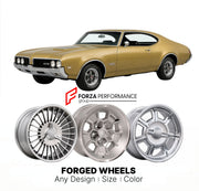 CUSTOM CLASSIC VINTAGE RESTOMOD RETRO OLD SCHOOL FORGED WHEELS RIMS for OLDSMOBILE 442 1968 - 1972
Custom forged wheels for classic American muscle cars. Ideal for restomod builds, vintage restorations, and show cars. Deep dish and retro styling available.

We manufacture premium quality forged wheels rims for Oldsmobile 442 1968 - 1972 in any design, size, color.

THIS WHEEL DESIGN CAN BE CUSTOM-MADE FOR YOUR CAR IN ANY SIZE AND COLOR OPTIONS
Available in monoblock, 2-piece, 3-piece, duoblock, beadlock
3D 