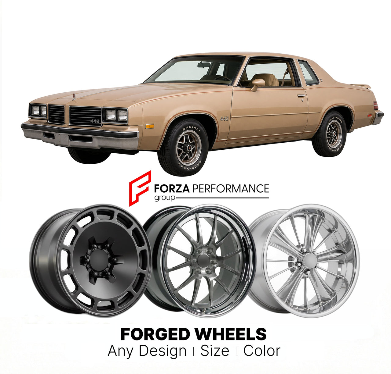 CUSTOM CLASSIC VINTAGE RESTOMOD RETRO OLD SCHOOL FORGED WHEELS RIMS for OLDSMOBILE 442 1978 - 1987
Custom forged wheels for classic American muscle cars. Ideal for restomod builds, vintage restorations, and show cars. Deep dish and retro styling available.

We manufacture premium quality forged wheels rims for Oldsmobile 442 1978 - 1987 in any design, size, color.

THIS WHEEL DESIGN CAN BE CUSTOM-MADE FOR YOUR CAR IN ANY SIZE AND COLOR OPTIONS
Available in monoblock, 2-piece, 3-piece, duoblock, beadlock
3D 