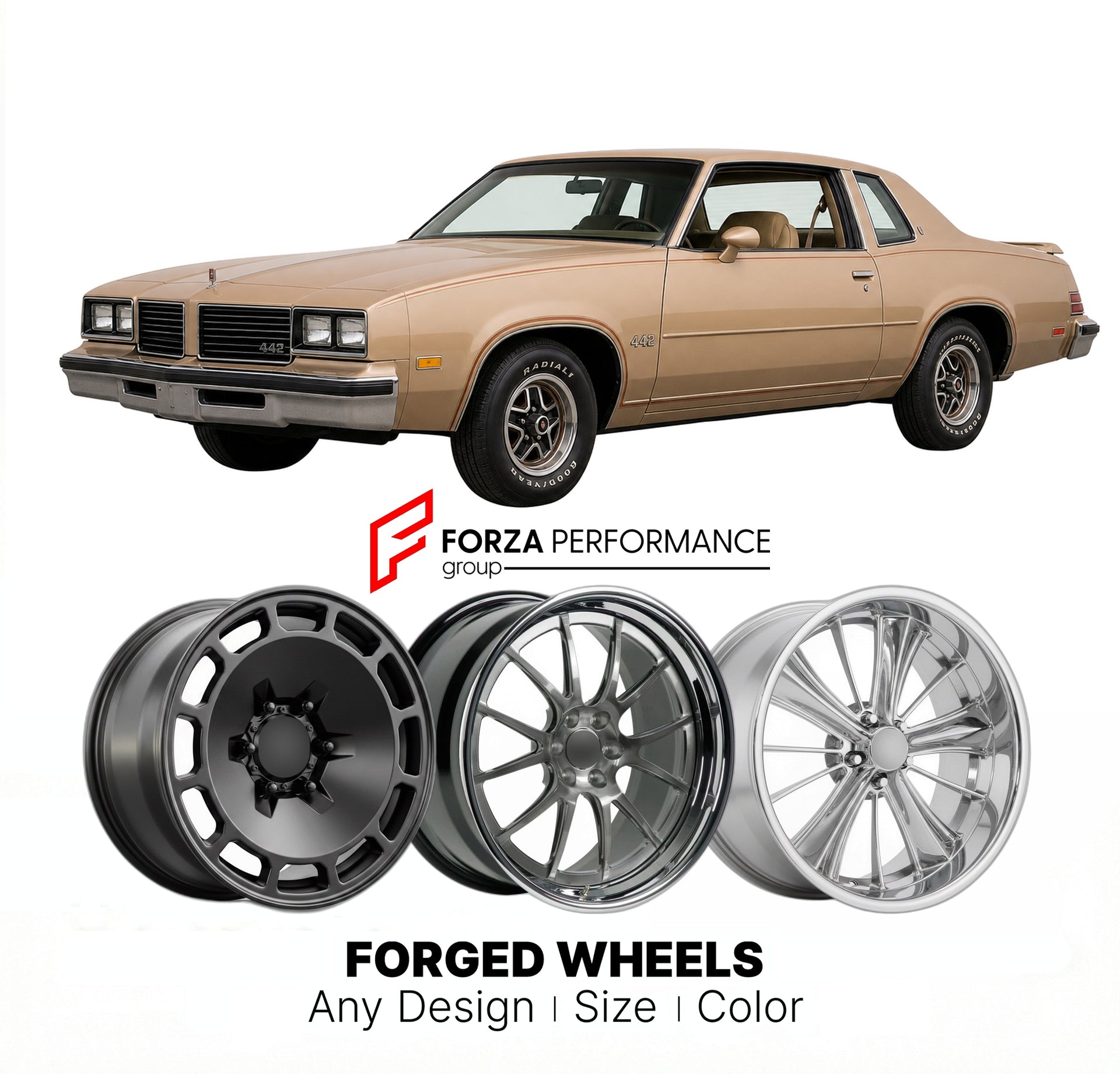 CUSTOM CLASSIC VINTAGE RESTOMOD RETRO OLD SCHOOL FORGED WHEELS RIMS for OLDSMOBILE 442 1978 - 1987
Custom forged wheels for classic American muscle cars. Ideal for restomod builds, vintage restorations, and show cars. Deep dish and retro styling available.

We manufacture premium quality forged wheels rims for Oldsmobile 442 1978 - 1987 in any design, size, color.

THIS WHEEL DESIGN CAN BE CUSTOM-MADE FOR YOUR CAR IN ANY SIZE AND COLOR OPTIONS
Available in monoblock, 2-piece, 3-piece, duoblock, beadlock
3D 