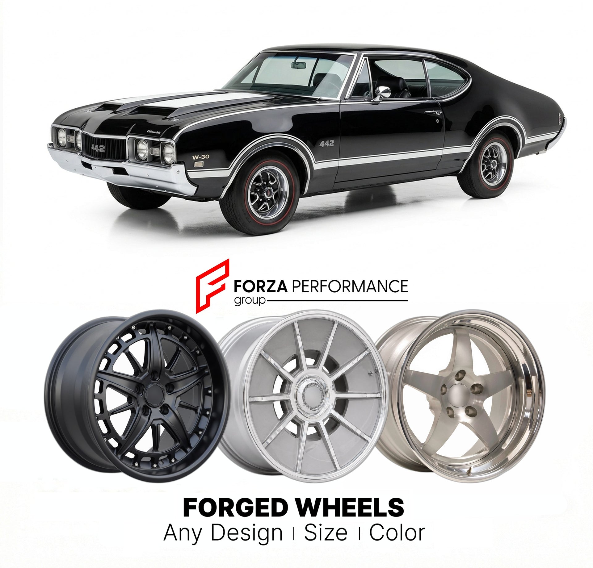 CUSTOM CLASSIC VINTAGE RESTOMOD RETRO OLD SCHOOL FORGED WHEELS RIMS for OLDSMOBILE 442 W-30 1968 - 1972
Custom forged wheels for classic American muscle cars. Ideal for restomod builds, vintage restorations, and show cars. Deep dish and retro styling available.

We manufacture premium quality forged wheels rims for Oldsmobile 442 W-30 1968 - 1972 in any design, size, color.

THIS WHEEL DESIGN CAN BE CUSTOM-MADE FOR YOUR CAR IN ANY SIZE AND COLOR OPTIONS
Available in monoblock, 2-piece, 3-piece, duoblock, be