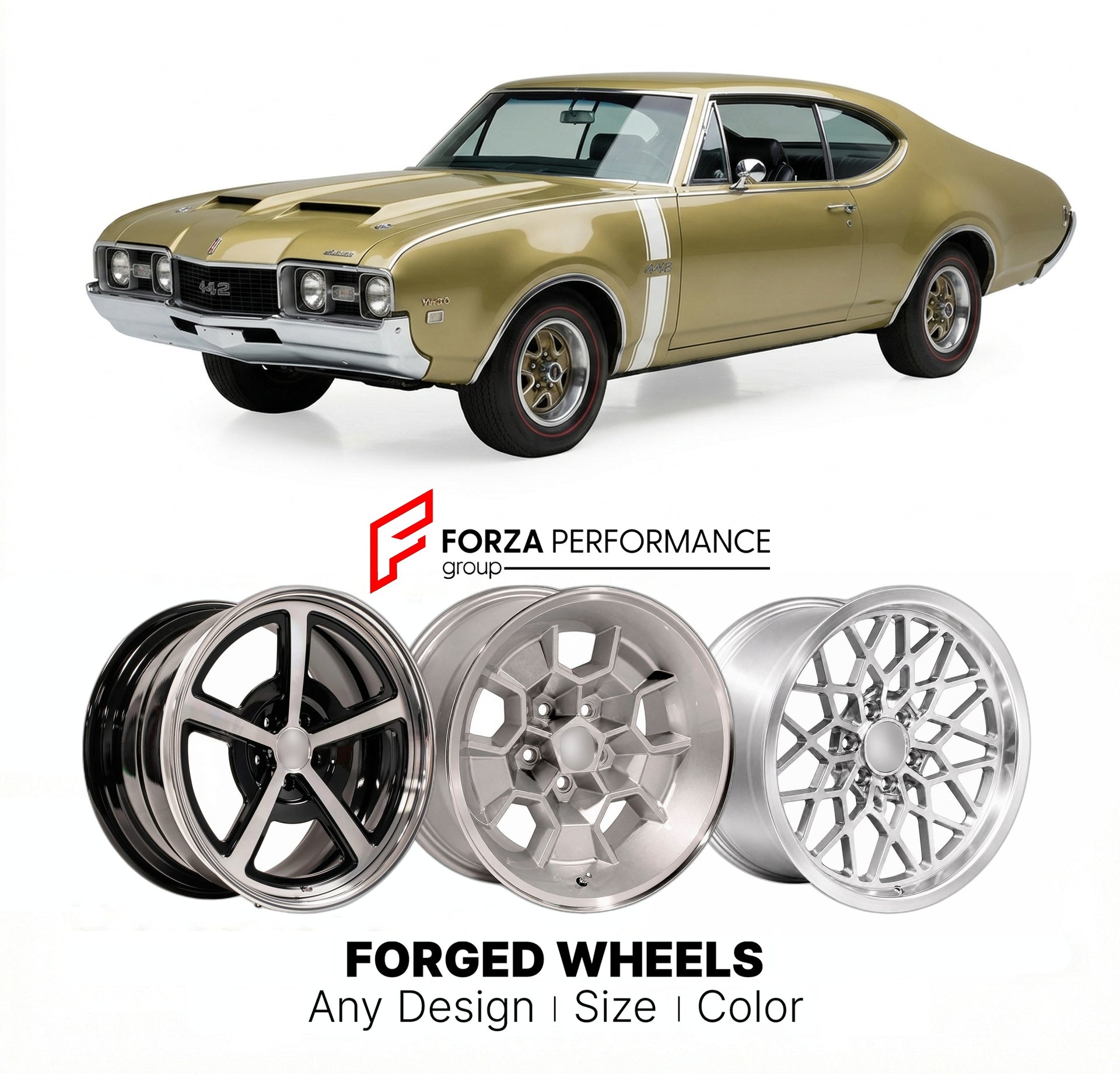 CUSTOM CLASSIC VINTAGE RESTOMOD RETRO OLD SCHOOL FORGED WHEELS RIMS for OLDSMOBILE 442 W30 1968 - 1972
Custom forged wheels for classic American muscle cars. Ideal for restomod builds, vintage restorations, and show cars. Deep dish and retro styling available.

We manufacture premium quality forged wheels rims for Oldsmobile 442 W30 1968 - 1972 in any design, size, color.

THIS WHEEL DESIGN CAN BE CUSTOM-MADE FOR YOUR CAR IN ANY SIZE AND COLOR OPTIONS
Available in monoblock, 2-piece, 3-piece, duoblock, bead