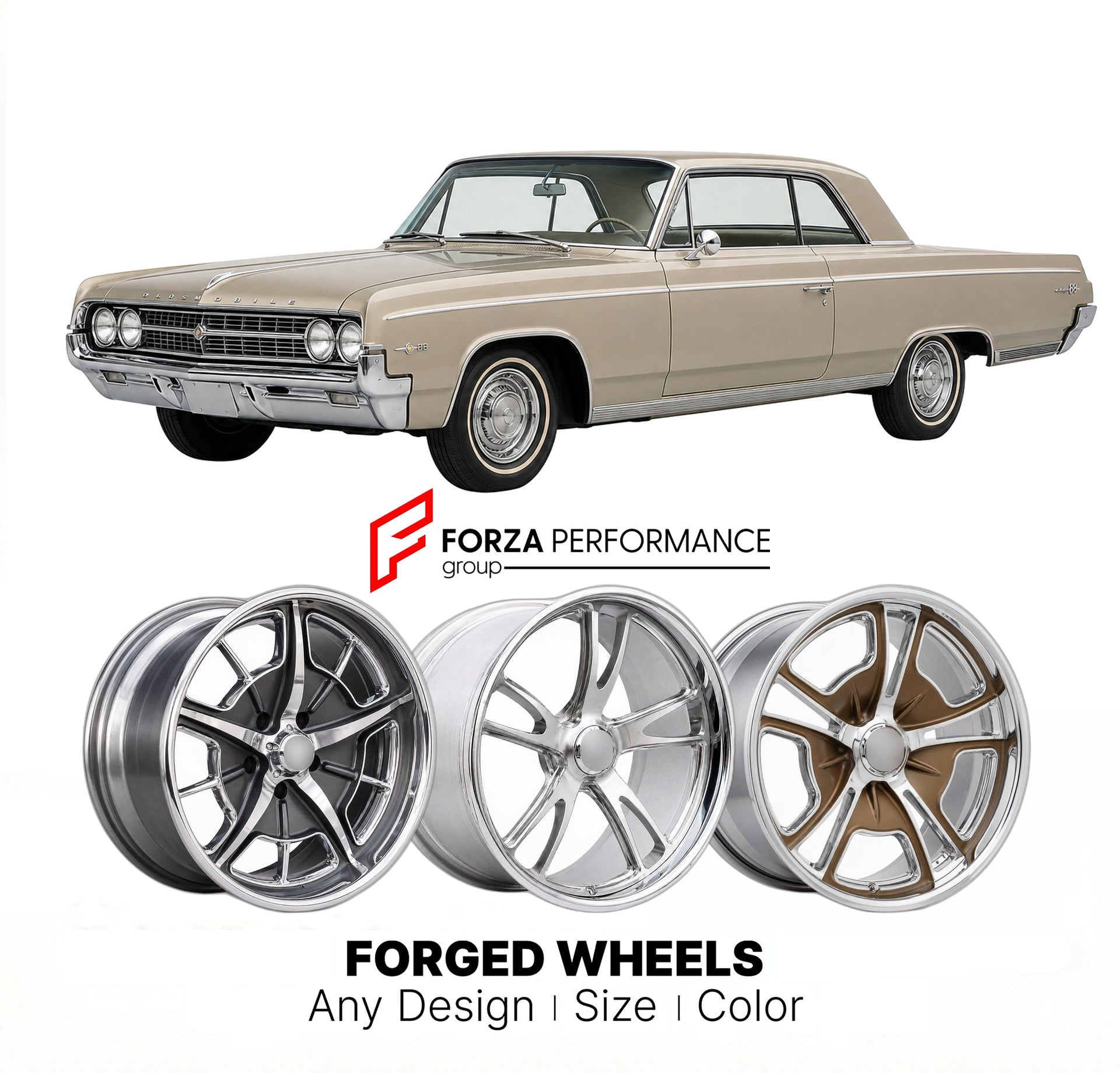 CUSTOM CLASSIC VINTAGE RESTOMOD RETRO OLD SCHOOL FORGED WHEELS RIMS for OLDSMOBILE 88 1961 - 1964
Custom forged wheels for classic American muscle cars. Ideal for restomod builds, vintage restorations, and show cars. Deep dish and retro styling available.

We manufacture premium quality forged wheels rims for Oldsmobile 88 1961 - 1964 in any design, size, color.

THIS WHEEL DESIGN CAN BE CUSTOM-MADE FOR YOUR CAR IN ANY SIZE AND COLOR OPTIONS
Available in monoblock, 2-piece, 3-piece, duoblock, beadlock
3D wh