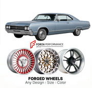 CUSTOM CLASSIC VINTAGE RESTOMOD RETRO OLD SCHOOL FORGED WHEELS RIMS for OLDSMOBILE 88 1965 - 1970
Custom forged wheels for classic American muscle cars. Ideal for restomod builds, vintage restorations, and show cars. Deep dish and retro styling available.

We manufacture premium quality forged wheels rims for Oldsmobile 88 1965 - 1970 in any design, size, color.

THIS WHEEL DESIGN CAN BE CUSTOM-MADE FOR YOUR CAR IN ANY SIZE AND COLOR OPTIONS
Available in monoblock, 2-piece, 3-piece, duoblock, beadlock
3D wh
