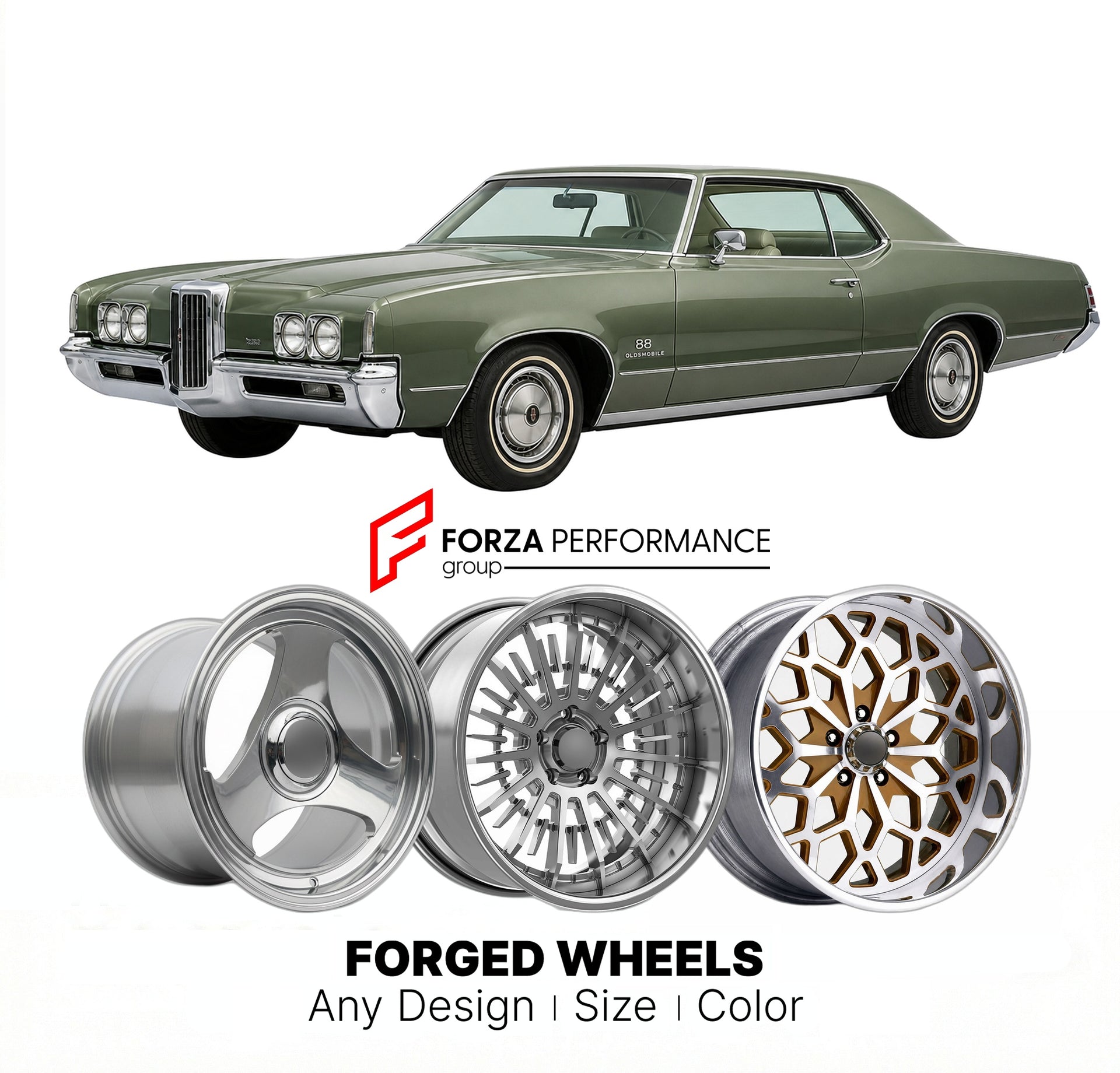 CUSTOM CLASSIC VINTAGE RESTOMOD RETRO OLD SCHOOL FORGED WHEELS RIMS for OLDSMOBILE 88 1971 - 1976
Custom forged wheels for classic American muscle cars. Ideal for restomod builds, vintage restorations, and show cars. Deep dish and retro styling available.

We manufacture premium quality forged wheels rims for Oldsmobile 88 1971 - 1976 in any design, size, color.

THIS WHEEL DESIGN CAN BE CUSTOM-MADE FOR YOUR CAR IN ANY SIZE AND COLOR OPTIONS
Available in monoblock, 2-piece, 3-piece, duoblock, beadlock
3D wh