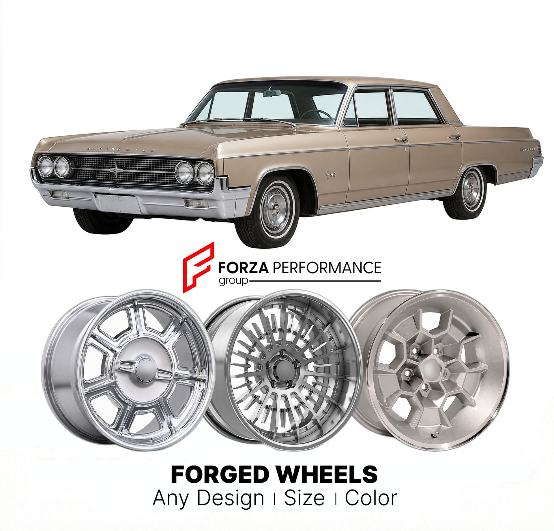CUSTOM CLASSIC VINTAGE RESTOMOD RETRO OLD SCHOOL FORGED WHEELS RIMS for OLDSMOBILE 98 1961 - 1964
Custom forged wheels for classic American muscle cars. Ideal for restomod builds, vintage restorations, and show cars. Deep dish and retro styling available.

We manufacture premium quality forged wheels rims for Oldsmobile 98 1961 - 1964 in any design, size, color.

THIS WHEEL DESIGN CAN BE CUSTOM-MADE FOR YOUR CAR IN ANY SIZE AND COLOR OPTIONS
Available in monoblock, 2-piece, 3-piece, duoblock, beadlock
3D wh