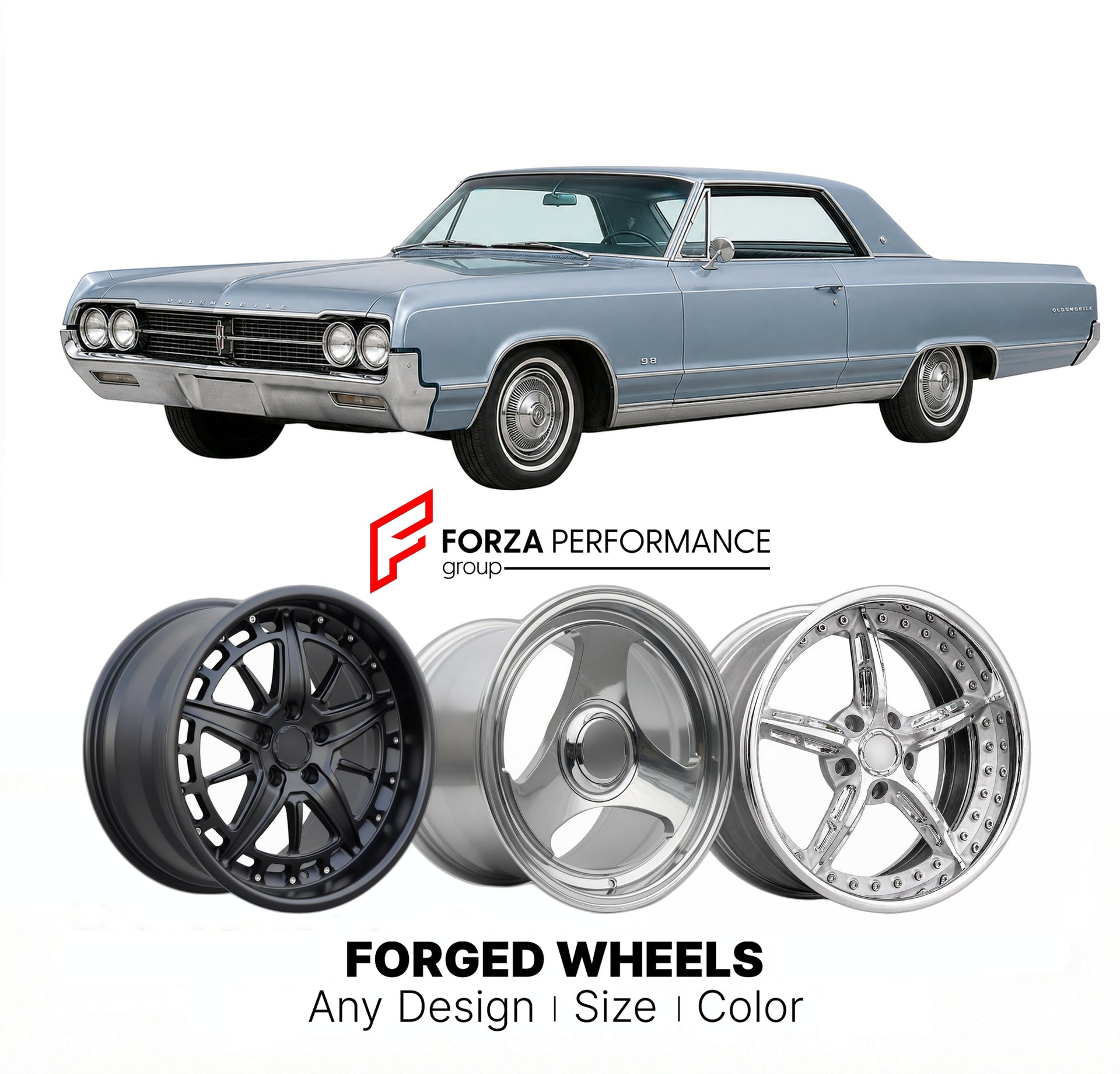 CUSTOM CLASSIC VINTAGE RESTOMOD RETRO OLD SCHOOL FORGED WHEELS RIMS for OLDSMOBILE 98 1965 - 1970
Custom forged wheels for classic American muscle cars. Ideal for restomod builds, vintage restorations, and show cars. Deep dish and retro styling available.

We manufacture premium quality forged wheels rims for Oldsmobile 98 1965 - 1970 in any design, size, color.

THIS WHEEL DESIGN CAN BE CUSTOM-MADE FOR YOUR CAR IN ANY SIZE AND COLOR OPTIONS
Available in monoblock, 2-piece, 3-piece, duoblock, beadlock
3D wh