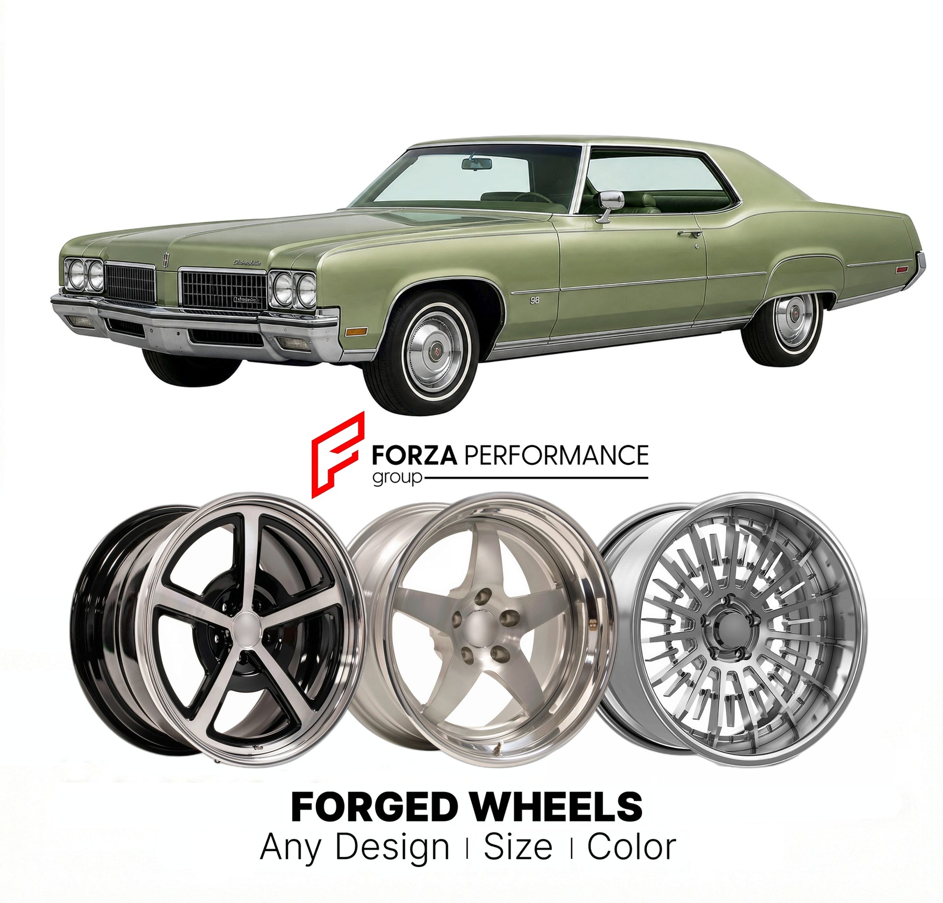 CUSTOM CLASSIC VINTAGE RESTOMOD RETRO OLD SCHOOL FORGED WHEELS RIMS for OLDSMOBILE 98 1971 - 1976
Custom forged wheels for classic American muscle cars. Ideal for restomod builds, vintage restorations, and show cars. Deep dish and retro styling available.

We manufacture premium quality forged wheels rims for Oldsmobile 98 1971 - 1976 in any design, size, color.

THIS WHEEL DESIGN CAN BE CUSTOM-MADE FOR YOUR CAR IN ANY SIZE AND COLOR OPTIONS
Available in monoblock, 2-piece, 3-piece, duoblock, beadlock
3D wh