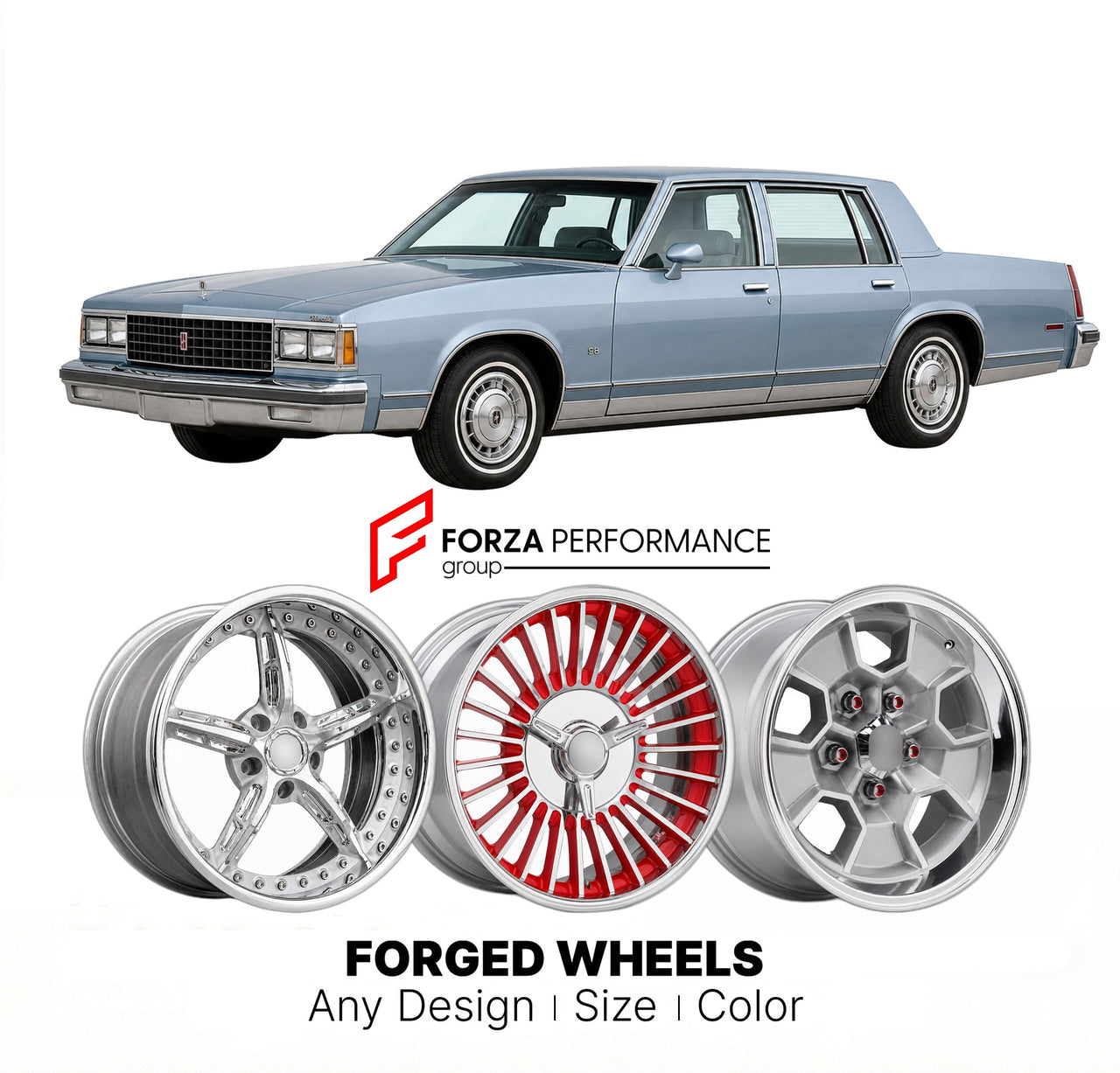 CUSTOM CLASSIC VINTAGE RESTOMOD RETRO OLD SCHOOL FORGED WHEELS RIMS for OLDSMOBILE 98 1985 - 1990
Custom forged wheels for classic American muscle cars. Ideal for restomod builds, vintage restorations, and show cars. Deep dish and retro styling available.

We manufacture premium quality forged wheels rims for Oldsmobile 98 1985 - 1990 in any design, size, color.

THIS WHEEL DESIGN CAN BE CUSTOM-MADE FOR YOUR CAR IN ANY SIZE AND COLOR OPTIONS
Available in monoblock, 2-piece, 3-piece, duoblock, beadlock
3D wh