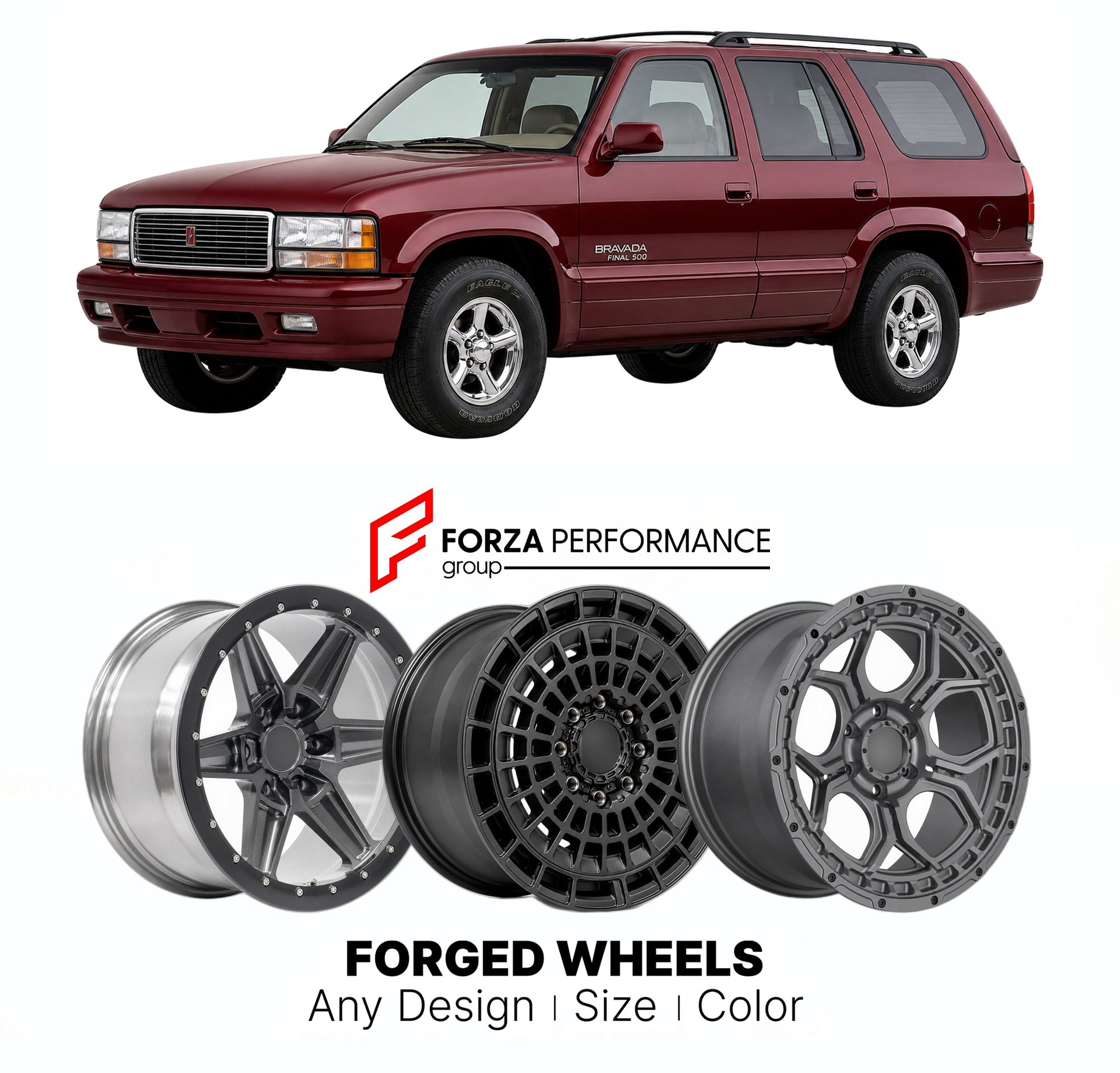 FORGED WHEELS RIMS for OLDSMOBILE BRAVADA FINAL 500 EDITION 1991 - 2004

Custom forged wheels for Oldsmobile Bravada Final 500 Edition 1991 - 2004. Made-to-order monoblock, 2-piece and 3-piece rims in custom sizes, offsets, colors and finishes with guaranteed fitment.

We manufacture premium quality forged wheels rims for Oldsmobile Bravada Final 500 Edition 1991 - 2004 in any design, size, color.

THIS WHEEL DESIGN CAN BE CUSTOM-MADE FOR YOUR CAR IN ANY SIZE AND COLOR OPTIONS
Available in monoblock, 2-piec
