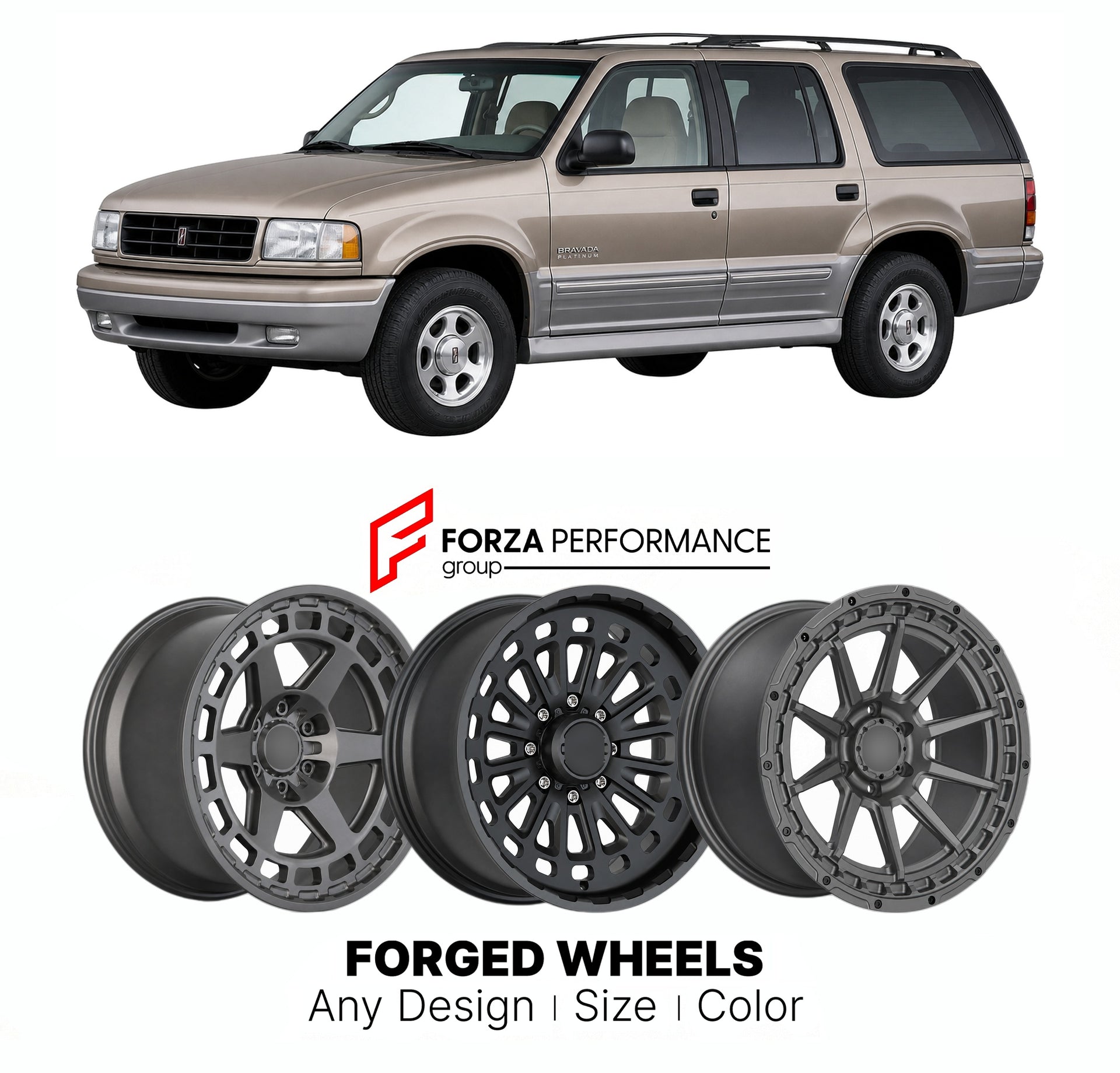 FORGED WHEELS RIMS for OLDSMOBILE BRAVADA PLATINUM EDITION 1991 - 2004

Custom forged wheels for Oldsmobile Bravada Platinum Edition 1991 - 2004. Made-to-order monoblock, 2-piece and 3-piece rims in custom sizes, offsets, colors and finishes with guaranteed fitment.

We manufacture premium quality forged wheels rims for Oldsmobile Bravada Platinum Edition 1991 - 2004 in any design, size, color.

THIS WHEEL DESIGN CAN BE CUSTOM-MADE FOR YOUR CAR IN ANY SIZE AND COLOR OPTIONS
Available in monoblock, 2-piece, 