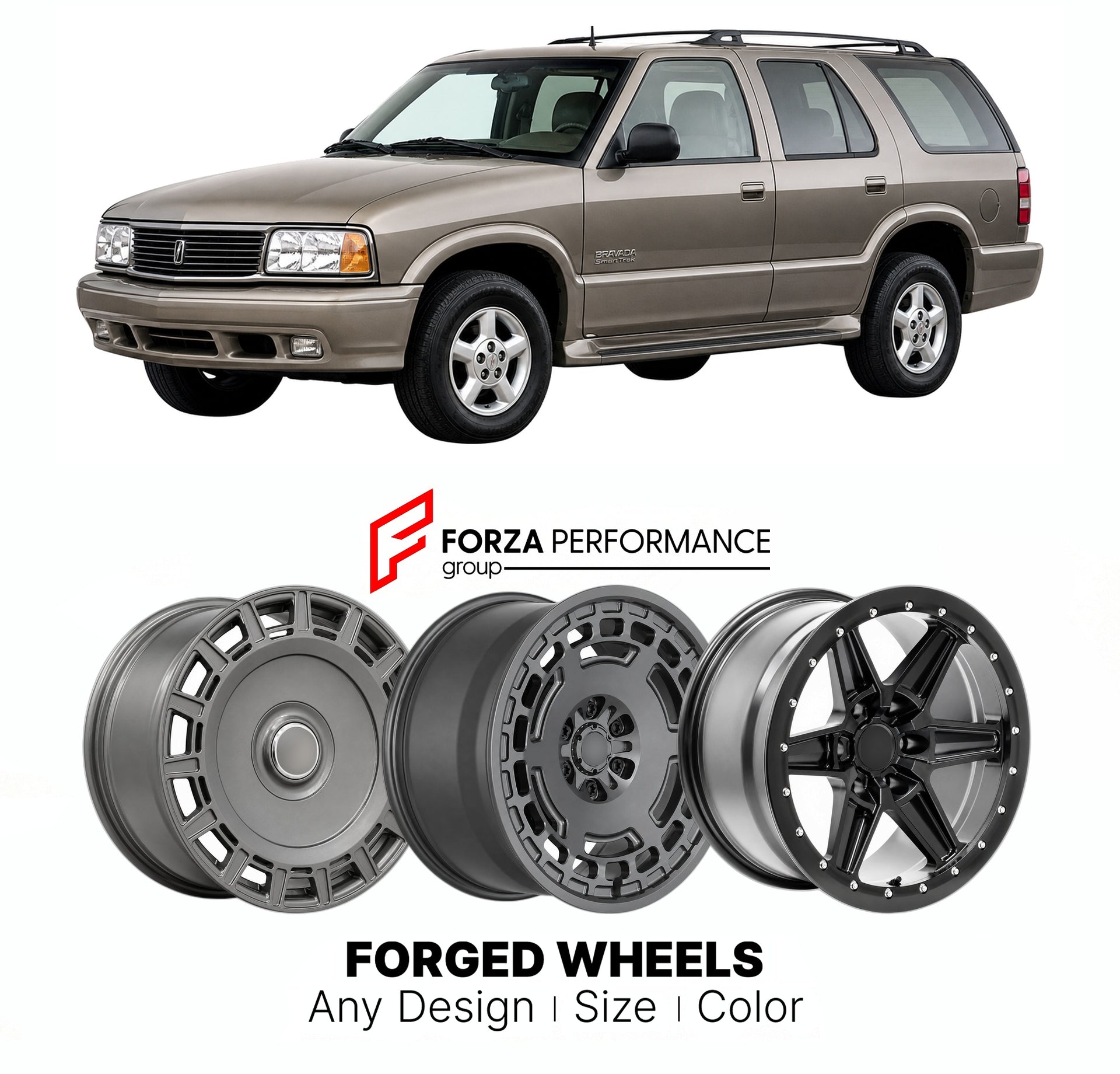 FORGED WHEELS RIMS for OLDSMOBILE BRAVADA SMARTTRAK 1991 - 2004

Custom forged wheels for Oldsmobile Bravada SmartTrak 1991 - 2004. Made-to-order monoblock, 2-piece and 3-piece rims in custom sizes, offsets, colors and finishes with guaranteed fitment.

We manufacture premium quality forged wheels rims for Oldsmobile Bravada SmartTrak 1991 - 2004 in any design, size, color.

THIS WHEEL DESIGN CAN BE CUSTOM-MADE FOR YOUR CAR IN ANY SIZE AND COLOR OPTIONS
Available in monoblock, 2-piece, 3-piece, duoblock, be