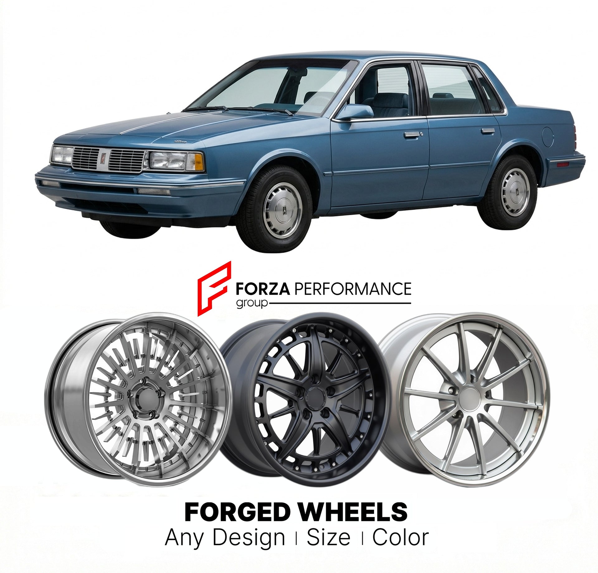 CUSTOM CLASSIC VINTAGE RESTOMOD RETRO OLD SCHOOL FORGED WHEELS RIMS for OLDSMOBILE CIERA 1982 - 1990
Custom forged wheels for classic American muscle cars. Ideal for restomod builds, vintage restorations, and show cars. Deep dish and retro styling available.

We manufacture premium quality forged wheels rims for Oldsmobile Ciera 1982 - 1990 in any design, size, color.

THIS WHEEL DESIGN CAN BE CUSTOM-MADE FOR YOUR CAR IN ANY SIZE AND COLOR OPTIONS
Available in monoblock, 2-piece, 3-piece, duoblock, beadlock