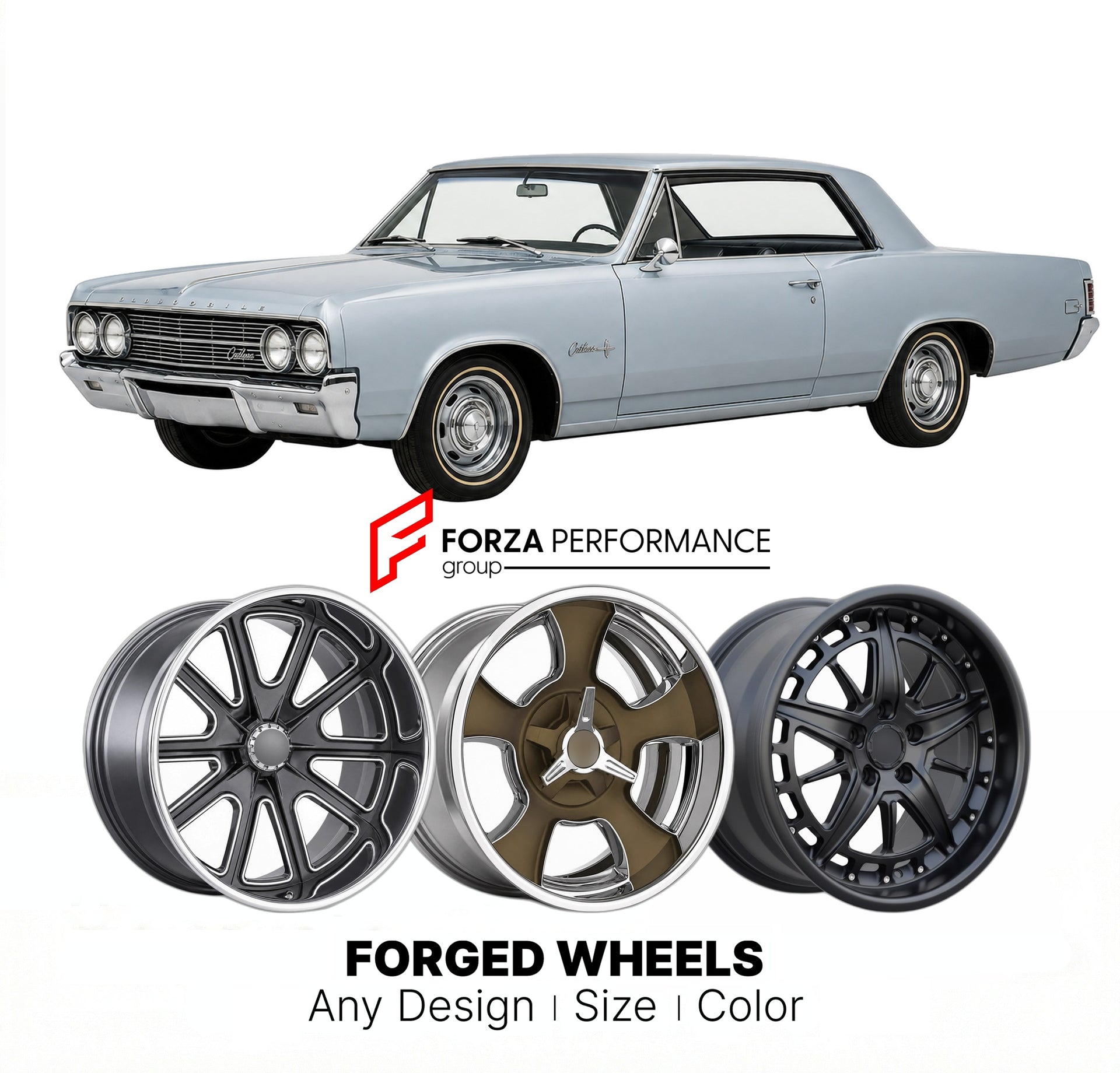 CUSTOM CLASSIC VINTAGE RESTOMOD RETRO OLD SCHOOL FORGED WHEELS RIMS for OLDSMOBILE CUTLASS 1964 - 1967
Custom forged wheels for classic American muscle cars. Ideal for restomod builds, vintage restorations, and show cars. Deep dish and retro styling available.

We manufacture premium quality forged wheels rims for Oldsmobile Cutlass 1964 - 1967 in any design, size, color.

THIS WHEEL DESIGN CAN BE CUSTOM-MADE FOR YOUR CAR IN ANY SIZE AND COLOR OPTIONS
Available in monoblock, 2-piece, 3-piece, duoblock, bead