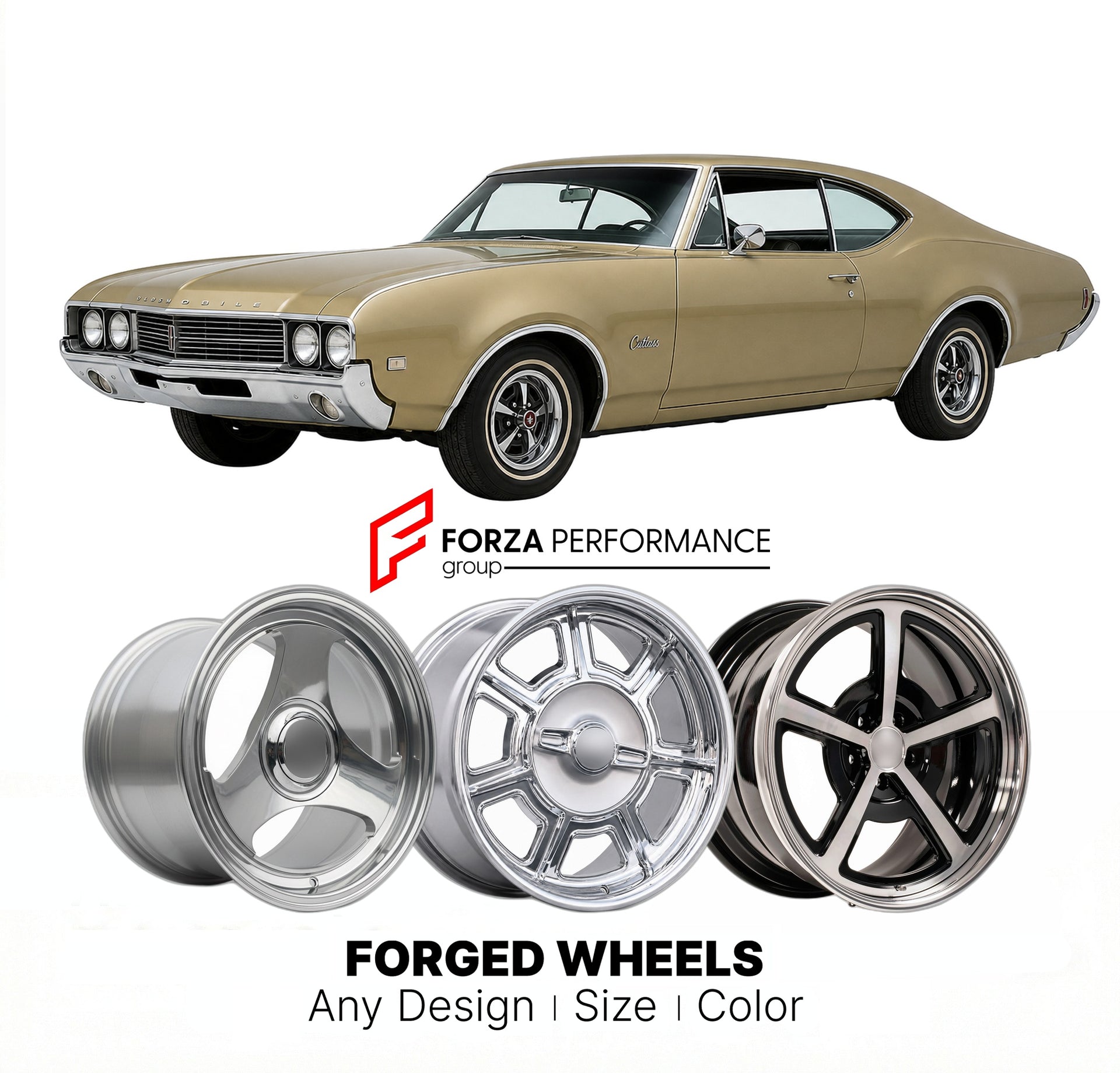 CUSTOM CLASSIC VINTAGE RESTOMOD RETRO OLD SCHOOL FORGED WHEELS RIMS for OLDSMOBILE CUTLASS 1968 - 1972
Custom forged wheels for classic American muscle cars. Ideal for restomod builds, vintage restorations, and show cars. Deep dish and retro styling available.

We manufacture premium quality forged wheels rims for Oldsmobile Cutlass 1968 - 1972 in any design, size, color.

THIS WHEEL DESIGN CAN BE CUSTOM-MADE FOR YOUR CAR IN ANY SIZE AND COLOR OPTIONS
Available in monoblock, 2-piece, 3-piece, duoblock, bead