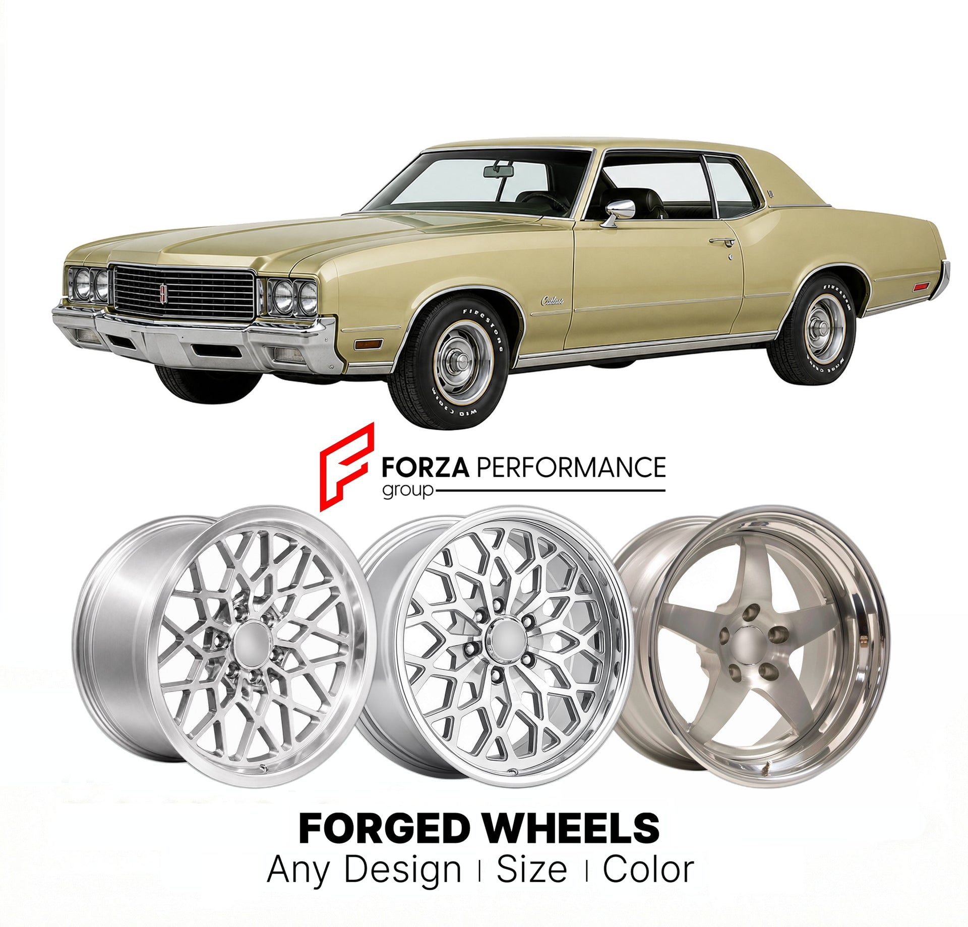 CUSTOM CLASSIC VINTAGE RESTOMOD RETRO OLD SCHOOL FORGED WHEELS RIMS for OLDSMOBILE CUTLASS 1973 - 1977
Custom forged wheels for classic American muscle cars. Ideal for restomod builds, vintage restorations, and show cars. Deep dish and retro styling available.

We manufacture premium quality forged wheels rims for Oldsmobile Cutlass 1973 - 1977 in any design, size, color.

THIS WHEEL DESIGN CAN BE CUSTOM-MADE FOR YOUR CAR IN ANY SIZE AND COLOR OPTIONS
Available in monoblock, 2-piece, 3-piece, duoblock, bead