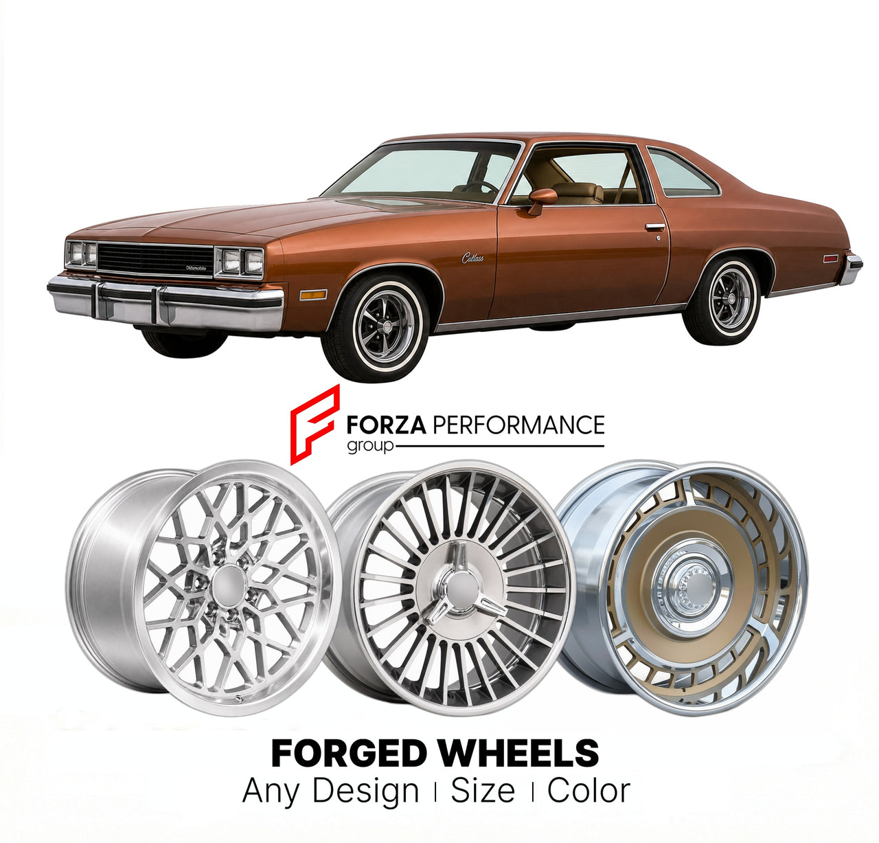 CUSTOM CLASSIC VINTAGE RESTOMOD RETRO OLD SCHOOL FORGED WHEELS RIMS for OLDSMOBILE CUTLASS 1978 - 1988
Custom forged wheels for classic American muscle cars. Ideal for restomod builds, vintage restorations, and show cars. Deep dish and retro styling available.

We manufacture premium quality forged wheels rims for Oldsmobile Cutlass 1978 - 1988 in any design, size, color.

THIS WHEEL DESIGN CAN BE CUSTOM-MADE FOR YOUR CAR IN ANY SIZE AND COLOR OPTIONS
Available in monoblock, 2-piece, 3-piece, duoblock, bead
