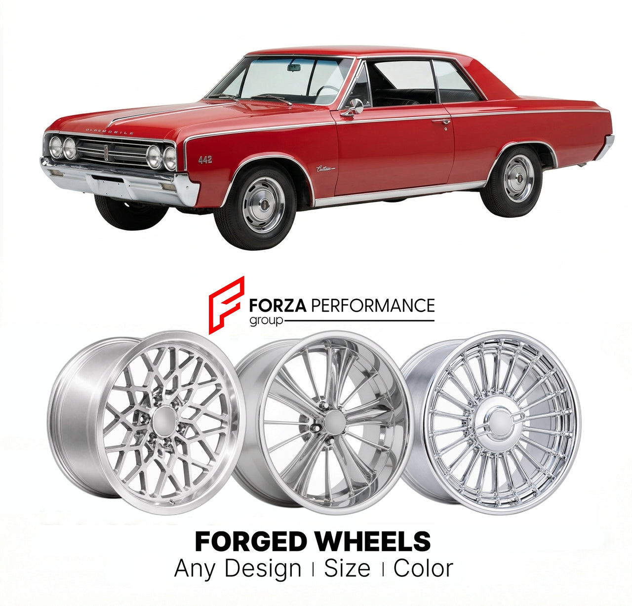 CUSTOM CLASSIC VINTAGE RESTOMOD RETRO OLD SCHOOL FORGED WHEELS RIMS for OLDSMOBILE CUTLASS 442 1964 - 1967
Custom forged wheels for classic American muscle cars. Ideal for restomod builds, vintage restorations, and show cars. Deep dish and retro styling available.

We manufacture premium quality forged wheels rims for Oldsmobile Cutlass 442 1964 - 1967 in any design, size, color.

THIS WHEEL DESIGN CAN BE CUSTOM-MADE FOR YOUR CAR IN ANY SIZE AND COLOR OPTIONS
Available in monoblock, 2-piece, 3-piece, duoblo